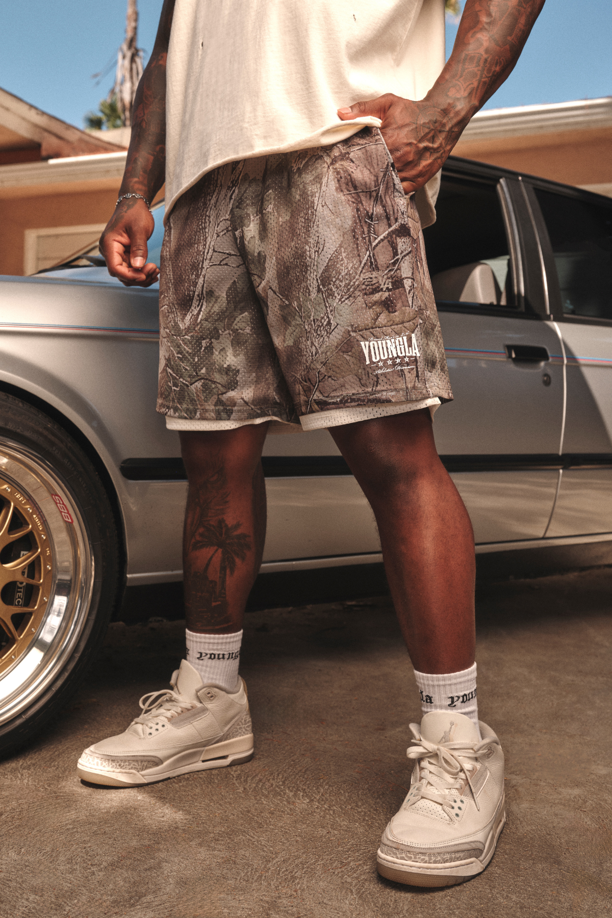 YoungLA 1092 - Double Mesh Shorts 'Beige Tree Camo'