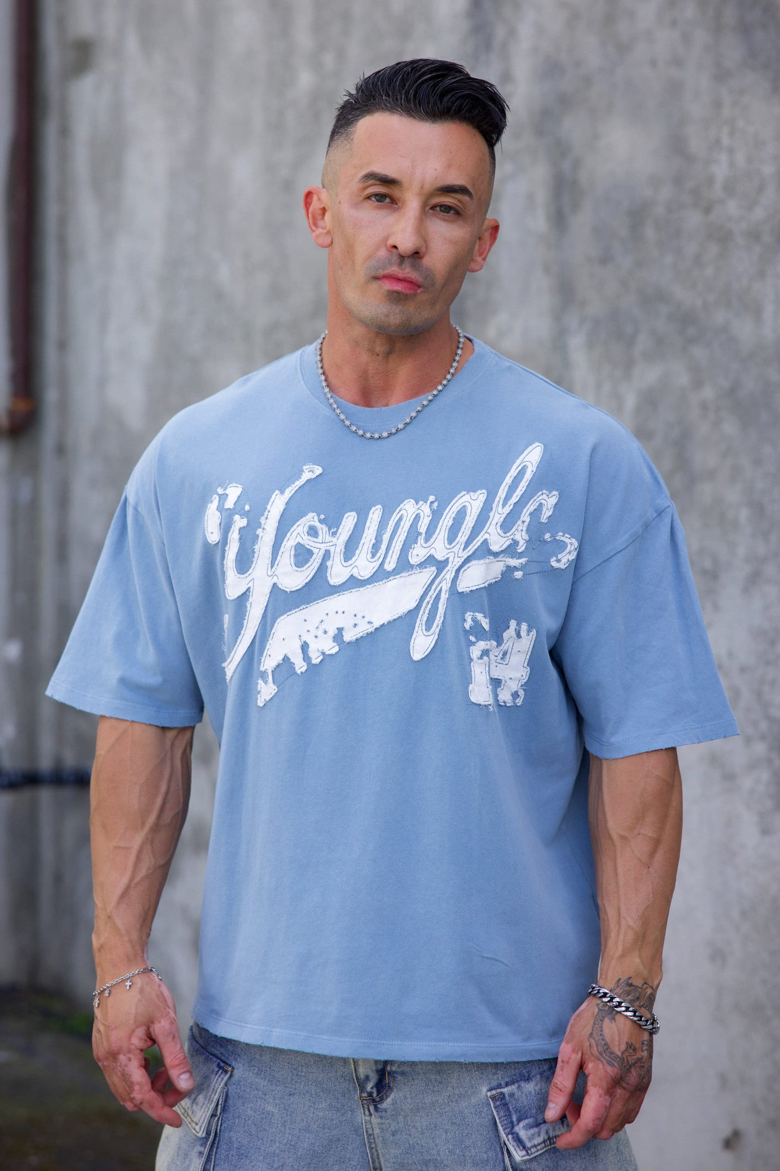 Young La 4182 - Distressed Script Tees 'Blue Wash'