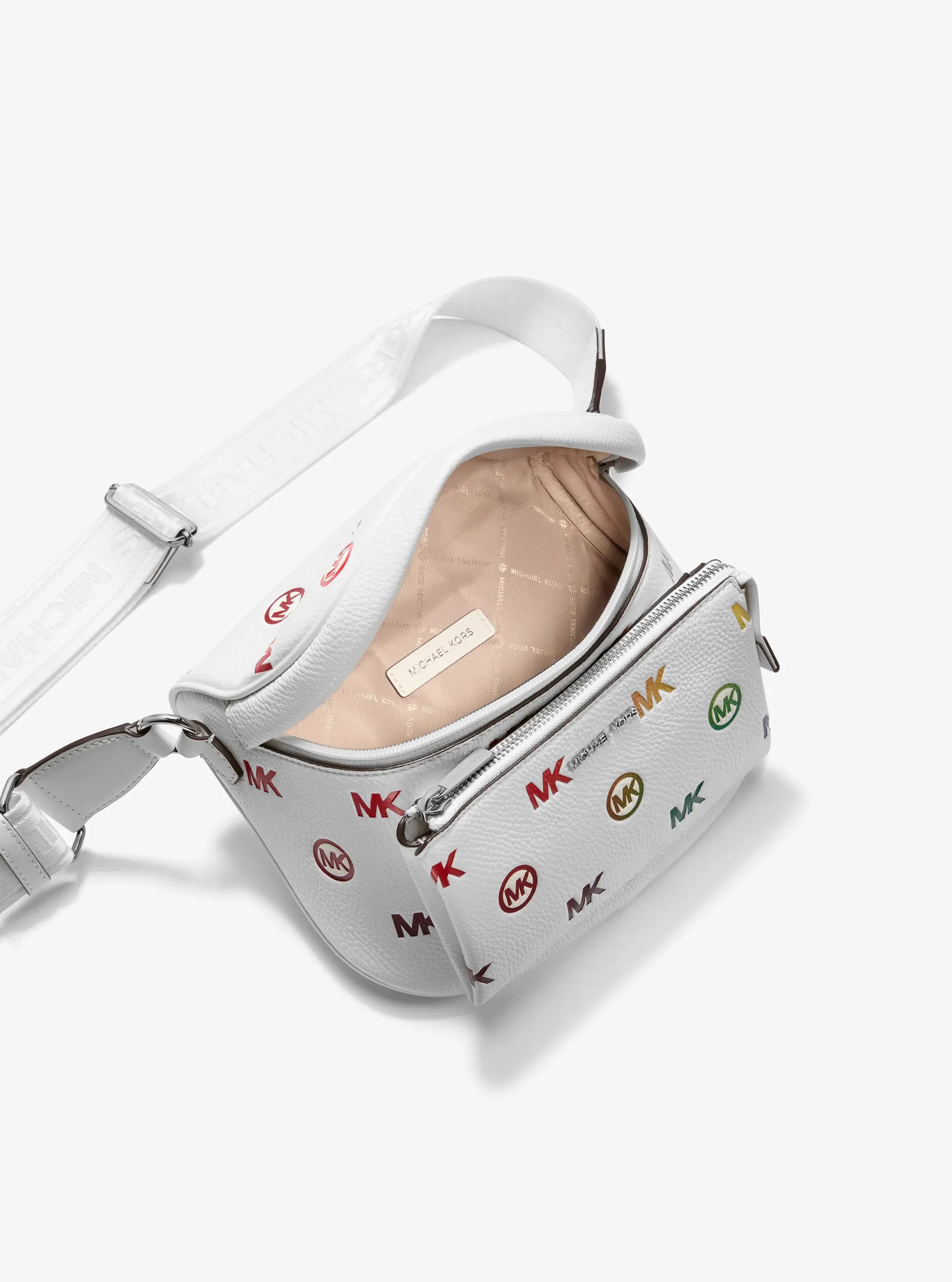 Michael Kors Slater Medium Rainbow Logo Embossed Sling Pack 'Optic White'