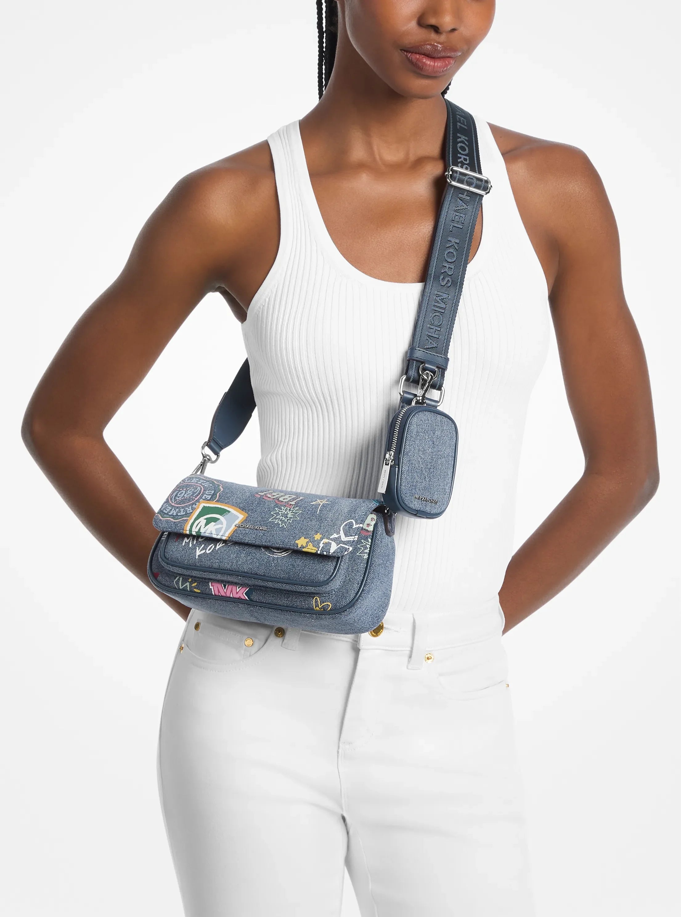 Michael Kors Jet Set Travel Small Embellished Denim Crossbody Bag With Pouch 'Washed Denim'