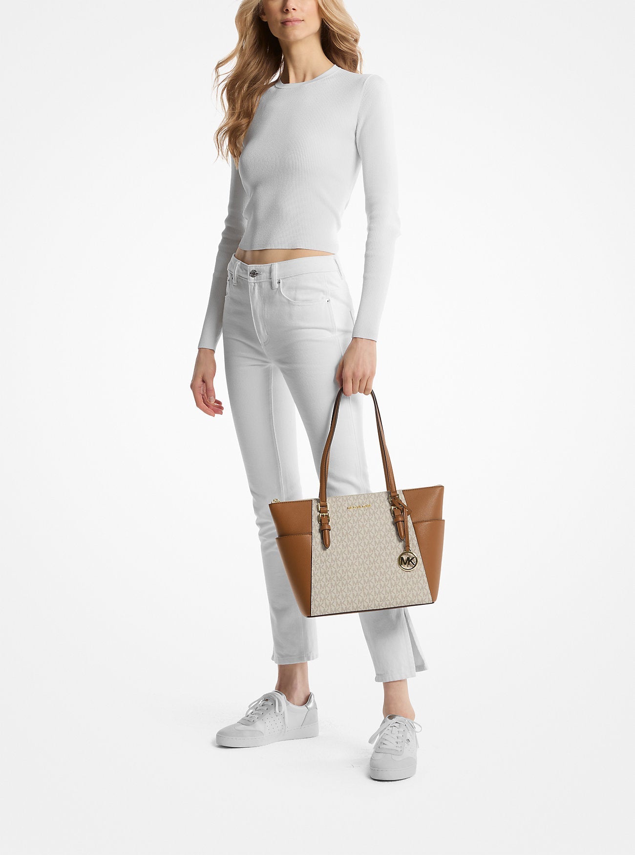 Michael Kors Charlotte Large Logo and Leather Top-Zip Tote Bag Vanilla