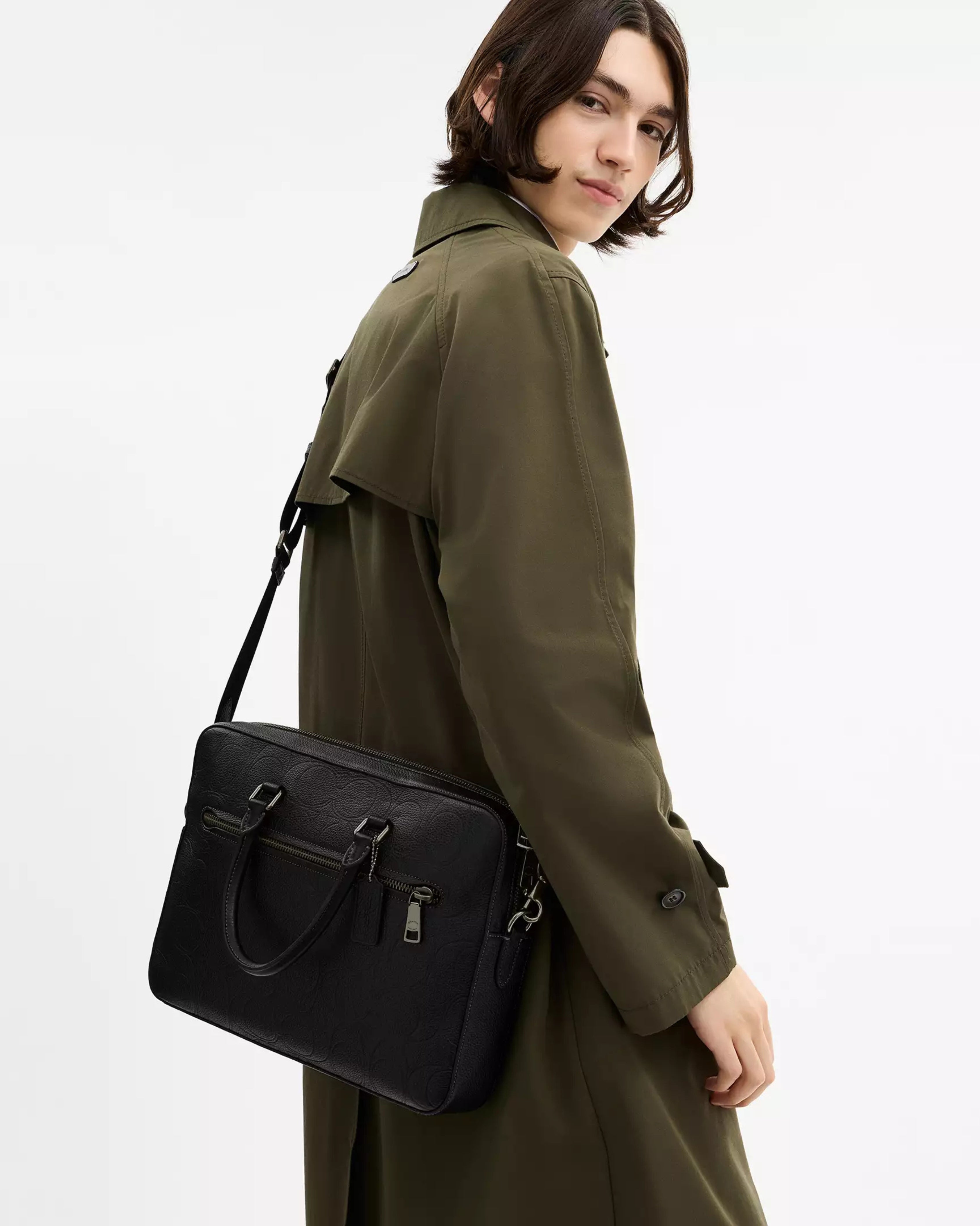 Coach Ethan Slim Brief In Signature Leather 'Gunmetal Black'