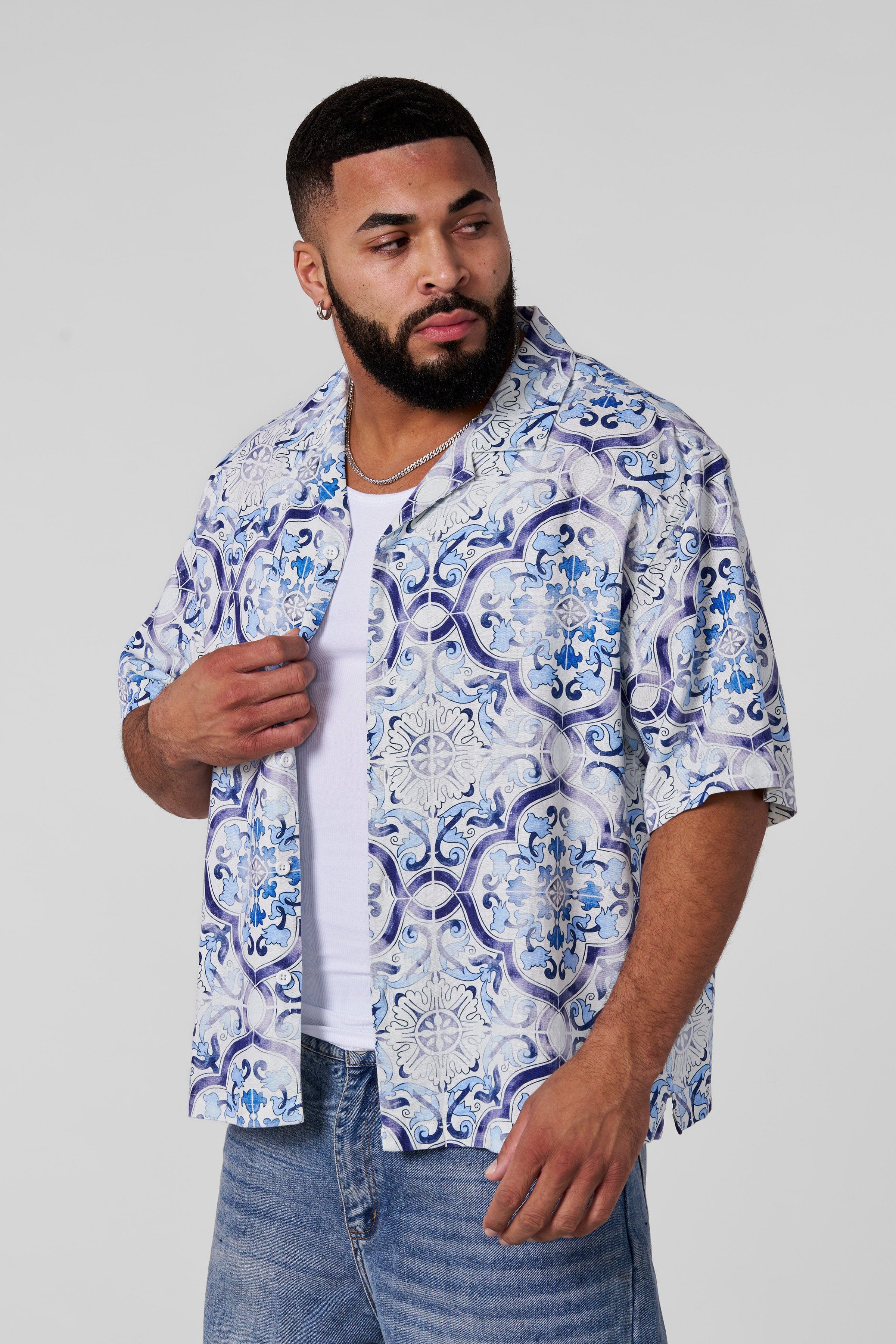 YoungLA 4093 - Mosaic Linen Button-Ups 'White Blue Mosaic'