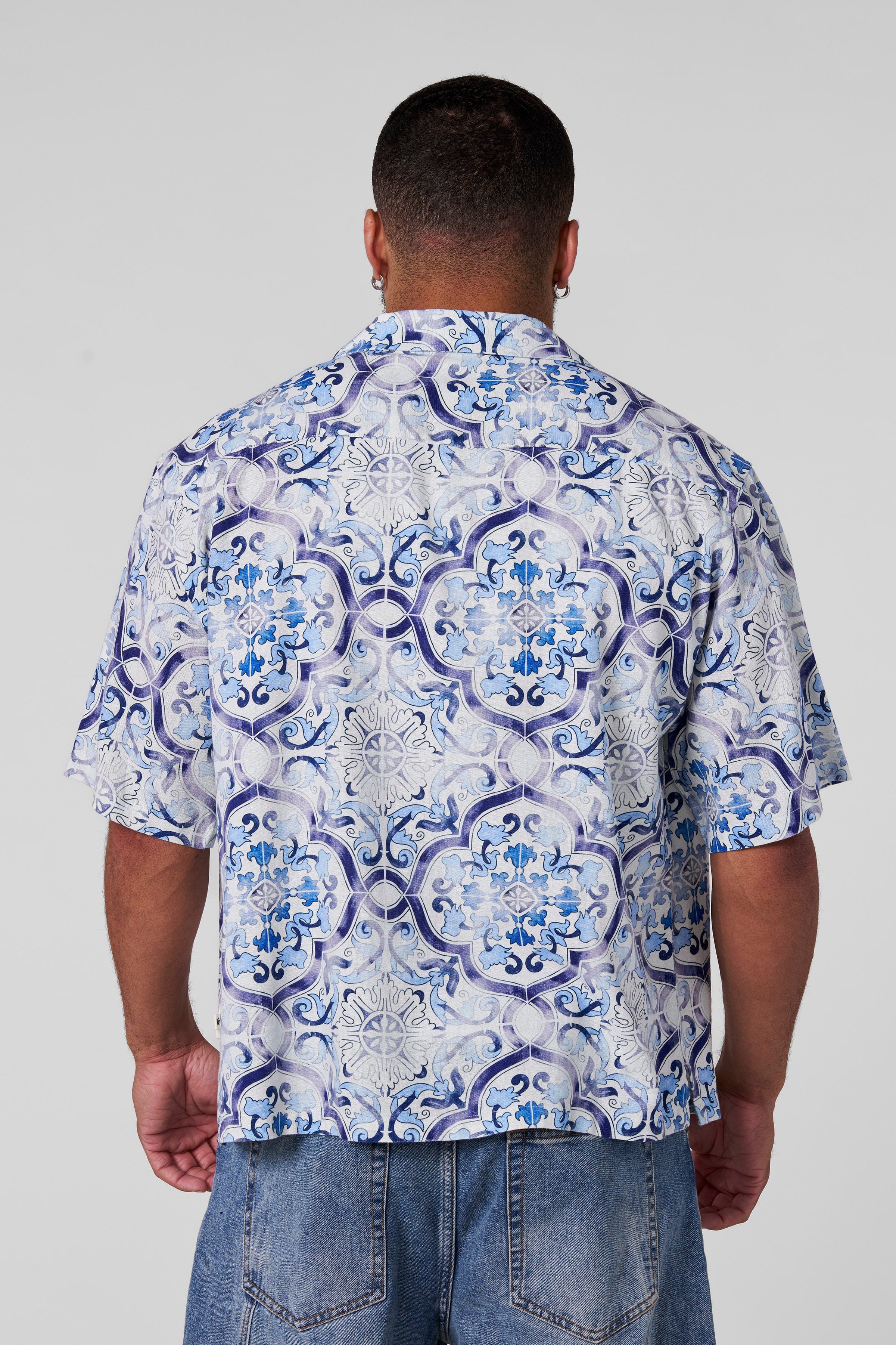 YoungLA 4093 - Mosaic Linen Button-Ups 'White Blue Mosaic'
