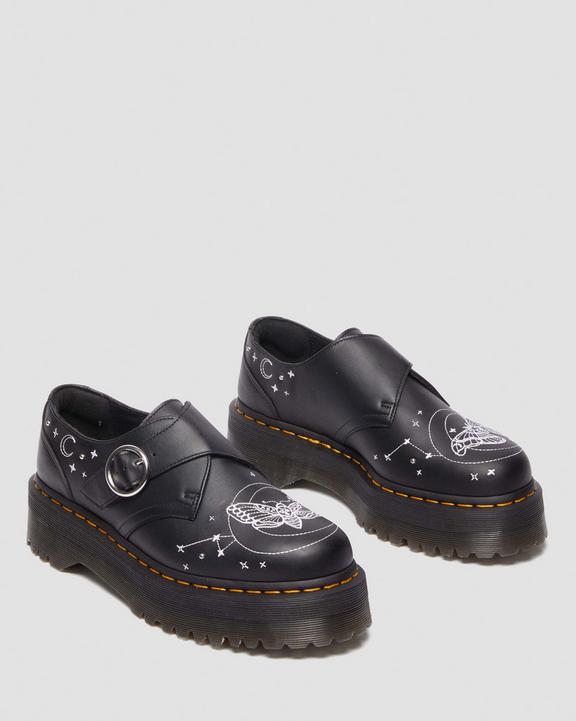 Dr. Martens Monk Celestial Moth Leather Platform Shoes Black - Womens