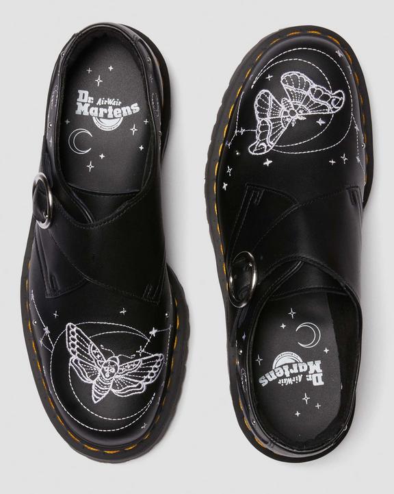 Dr. Martens Monk Celestial Moth Leather Platform Shoes Black - Womens
