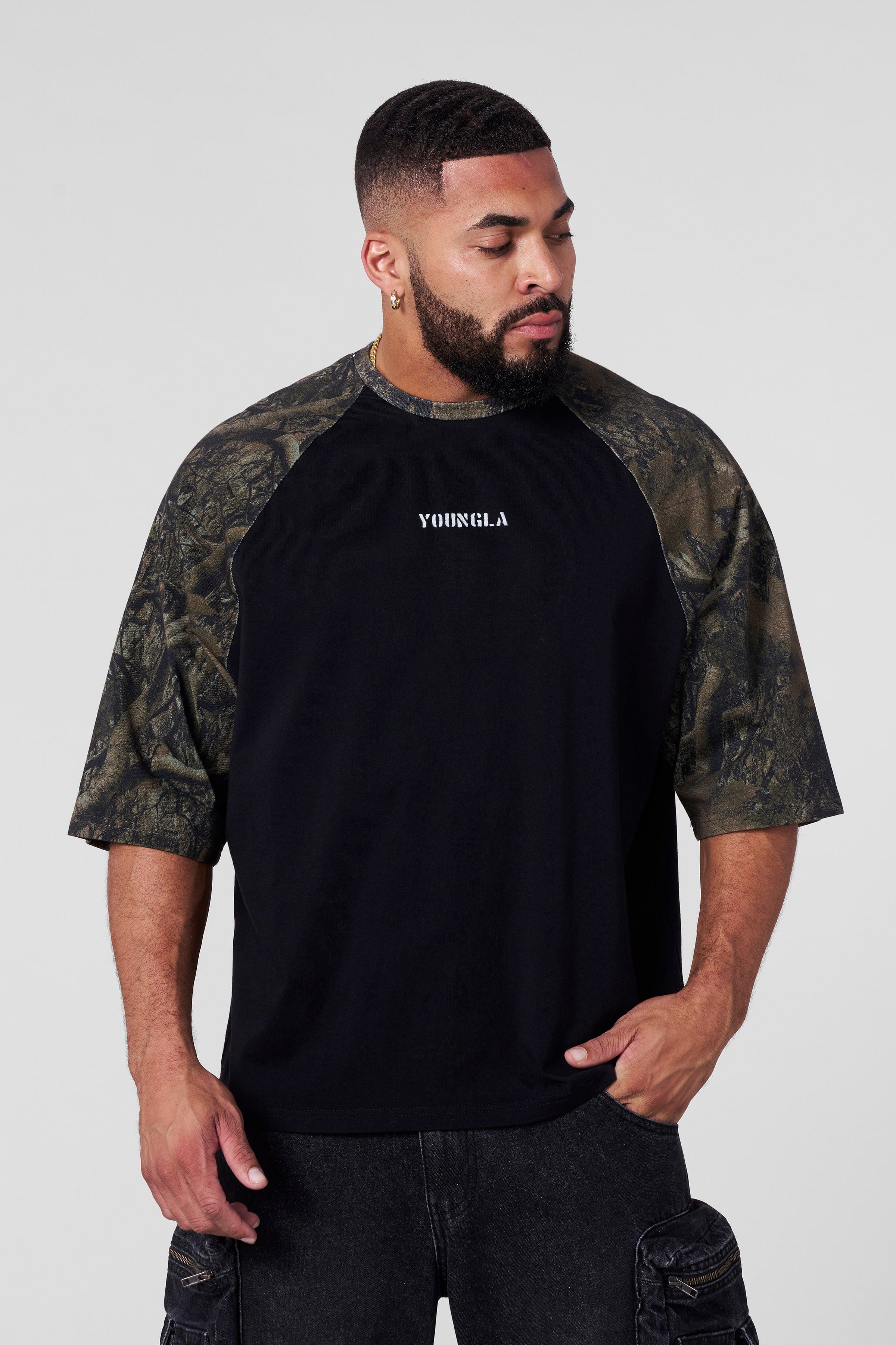YoungLA 4139 - Oversized Baseball Tees 'Black Dark Tree Camo'