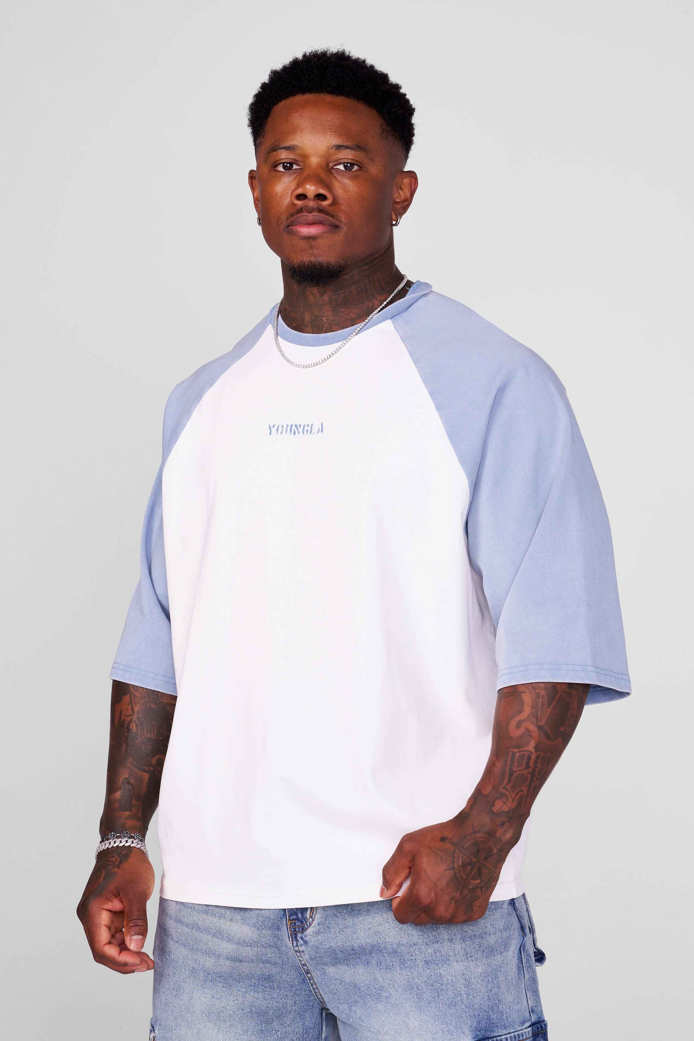 YoungLA 4139 - Oversized Baseball Tees 'White Light Blue'