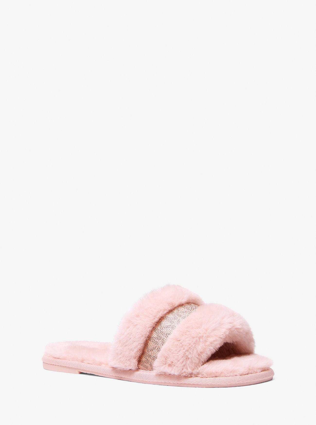 Alexis Faux Fur and Metallic Signature Logo Slide Sandal POWDER BLUSH