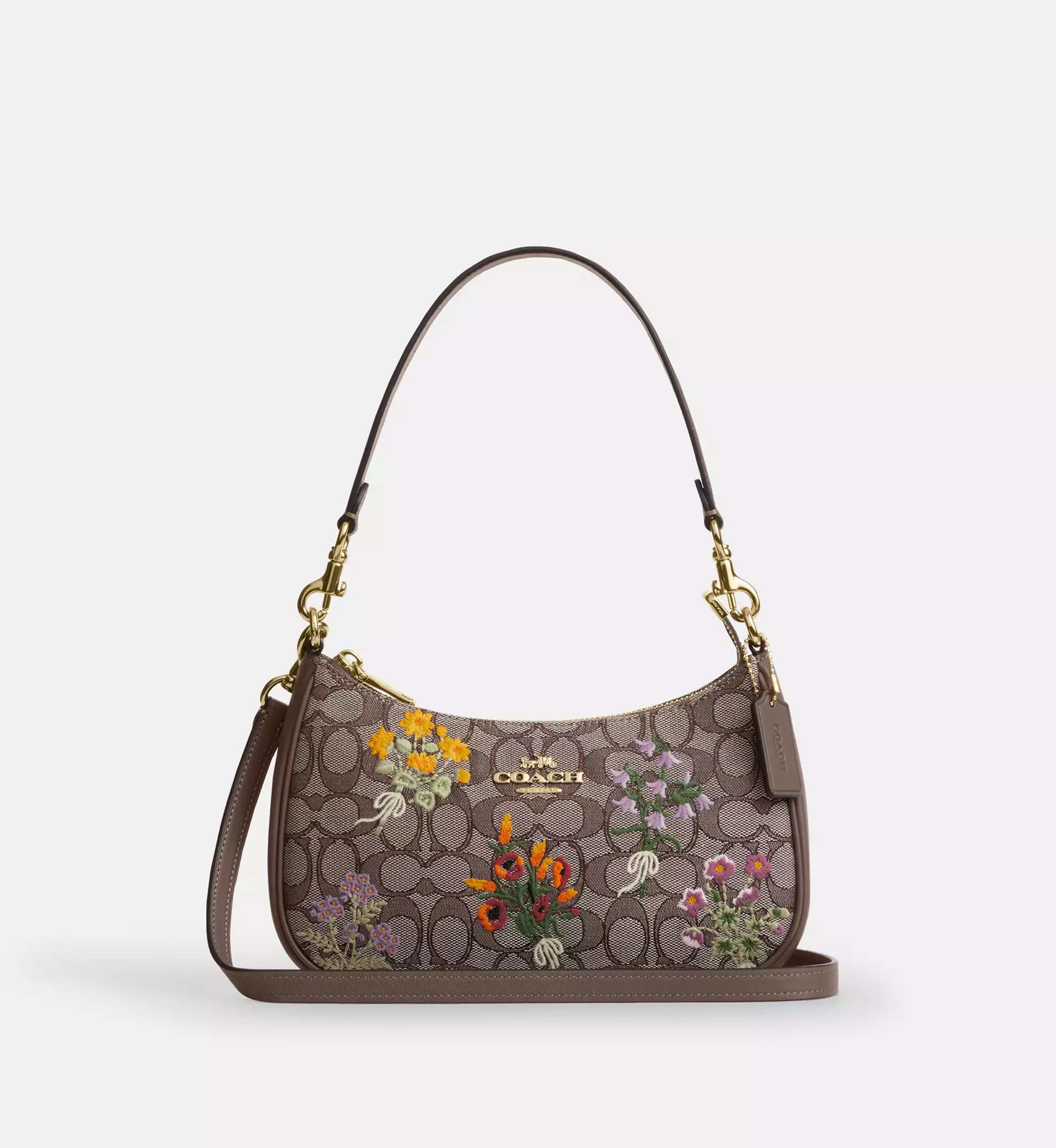 Coach Teri Shoulder Bag In Signature Jacquard With Floral Embroidery 'Signature Jacquard Gold Oak Multi'