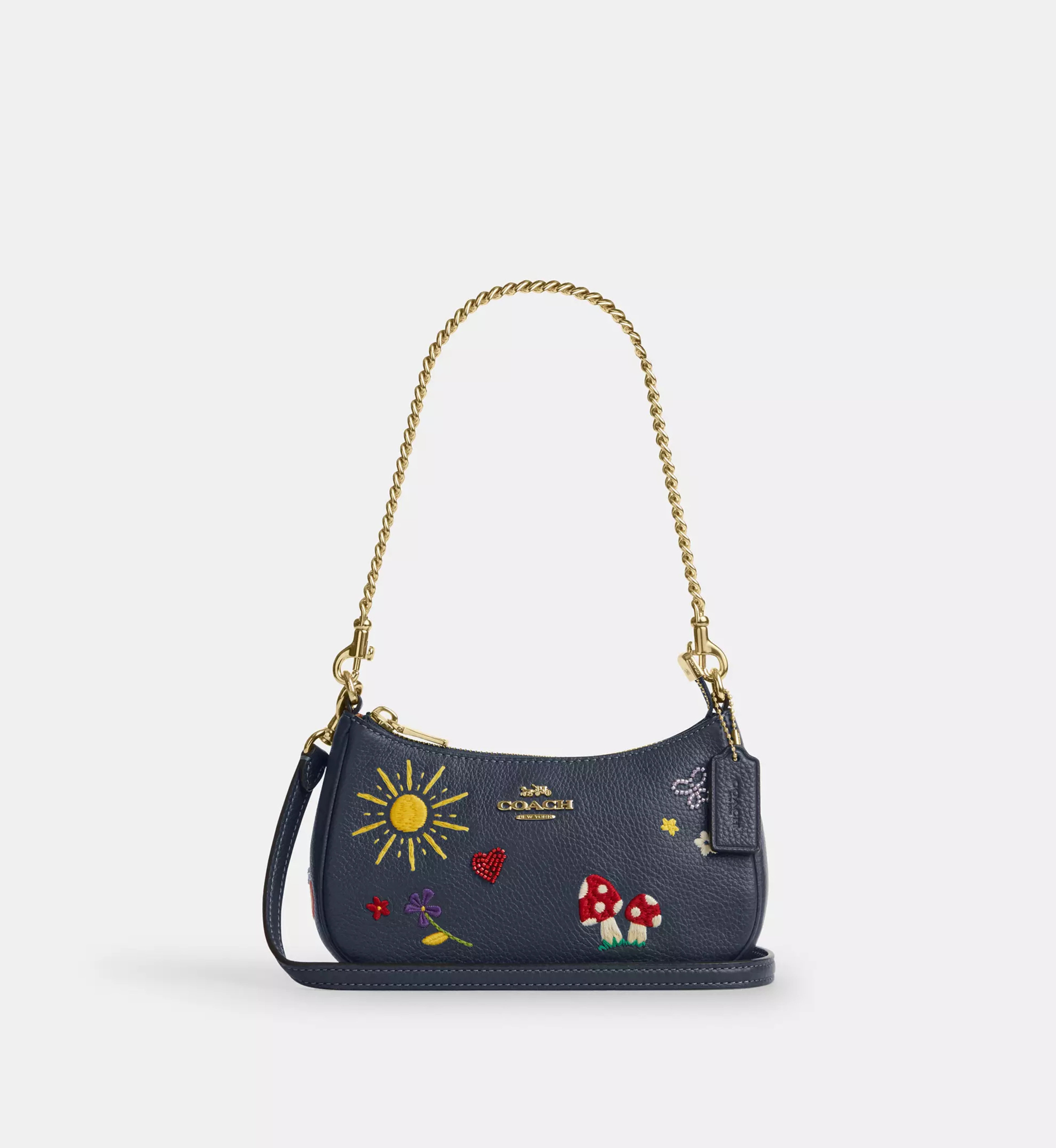 Coach Teri Mini Crossbody Bag With Embroidery 'Pebbled Leather Gold Dark Denim'