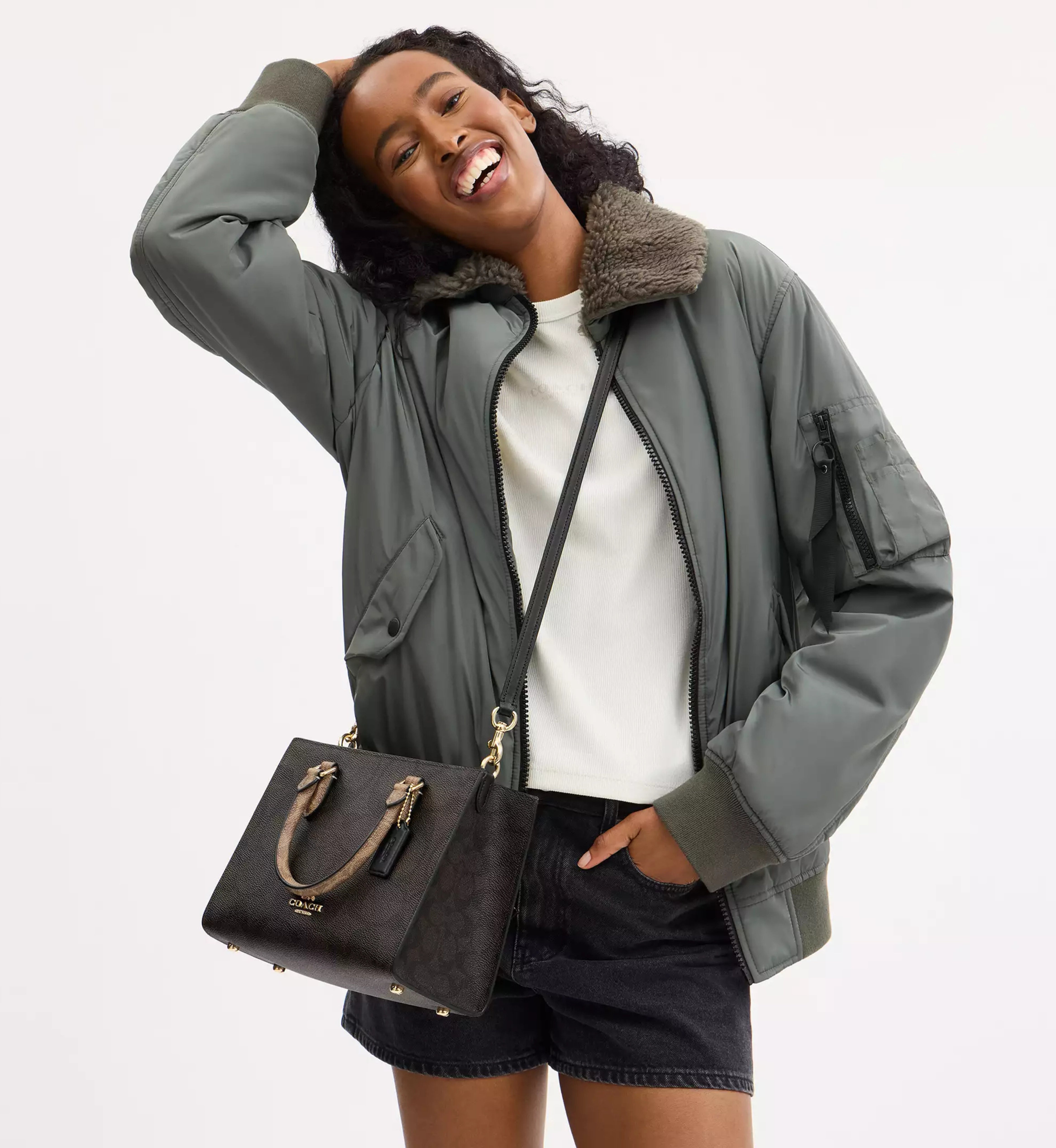 Coach Maggie Small Tote Bag In Blocked Signature Canvas 'Signature Canvas Gold Walnut Tan'