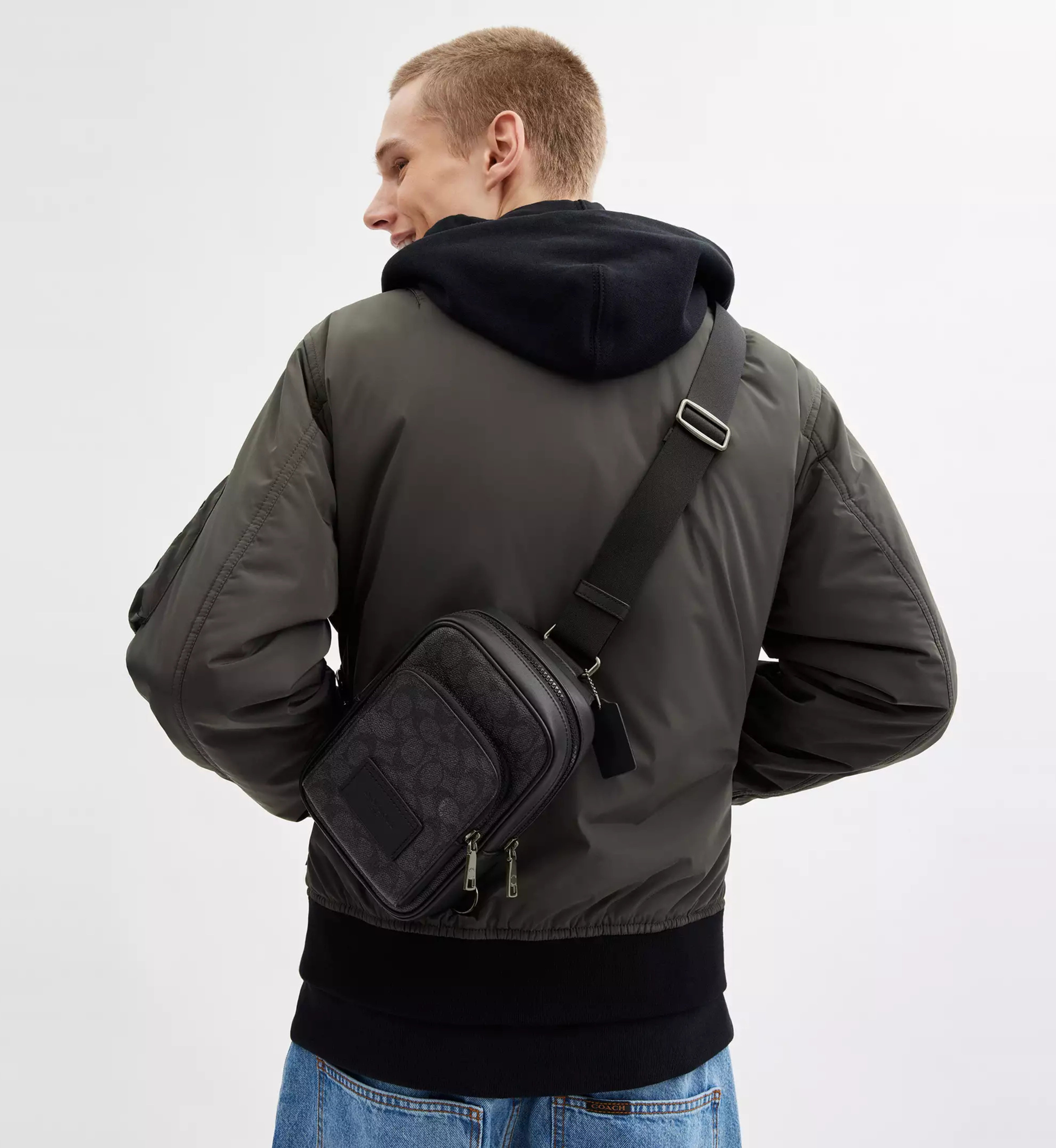 Coach Racer Sling Pack In Signature Canvas 'Signature Canvas Gunmetal Charcoal Black'