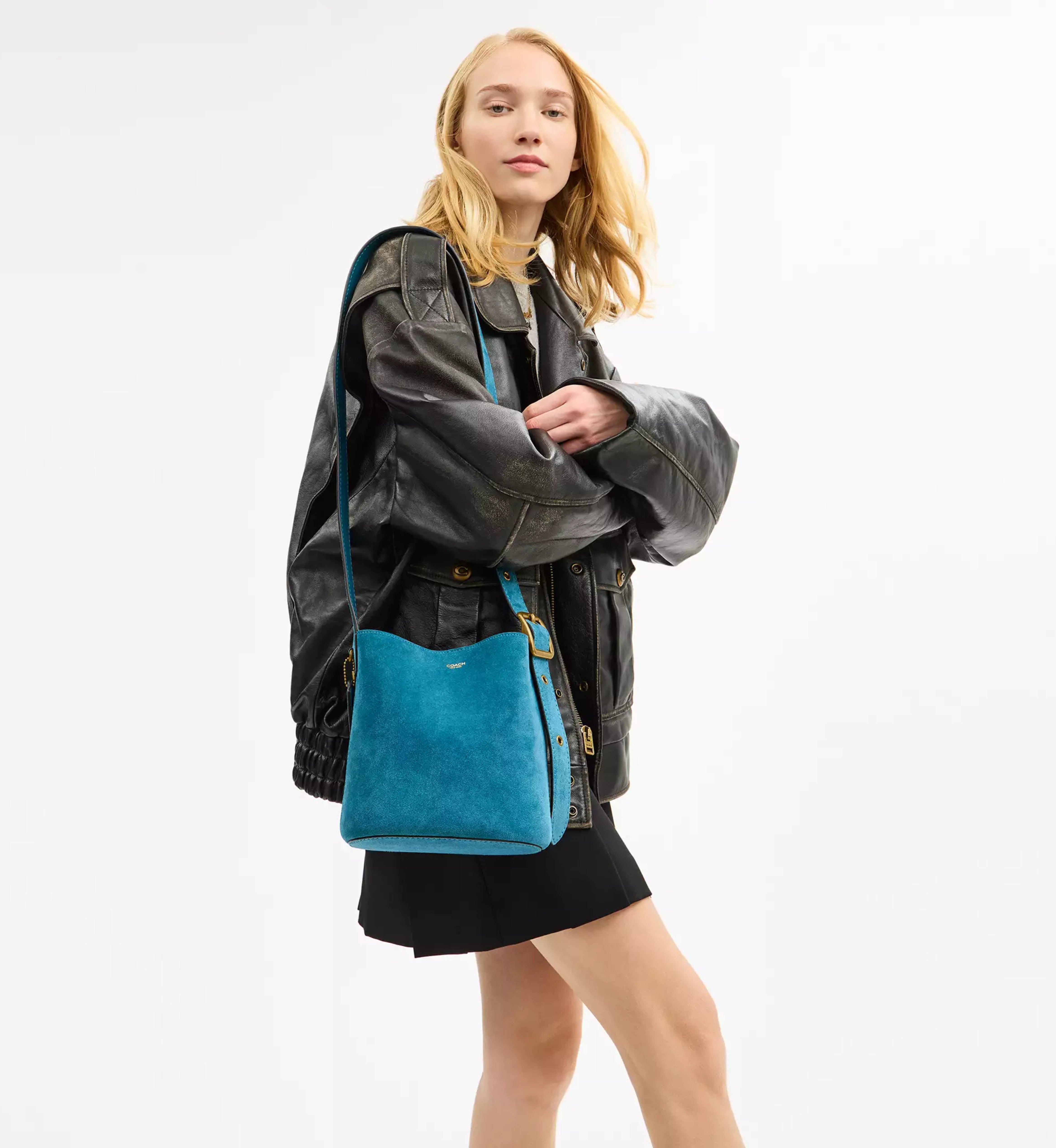 Coach Bleecker Bucket Bag 21 'Suede Dark Brass Sea Blue'