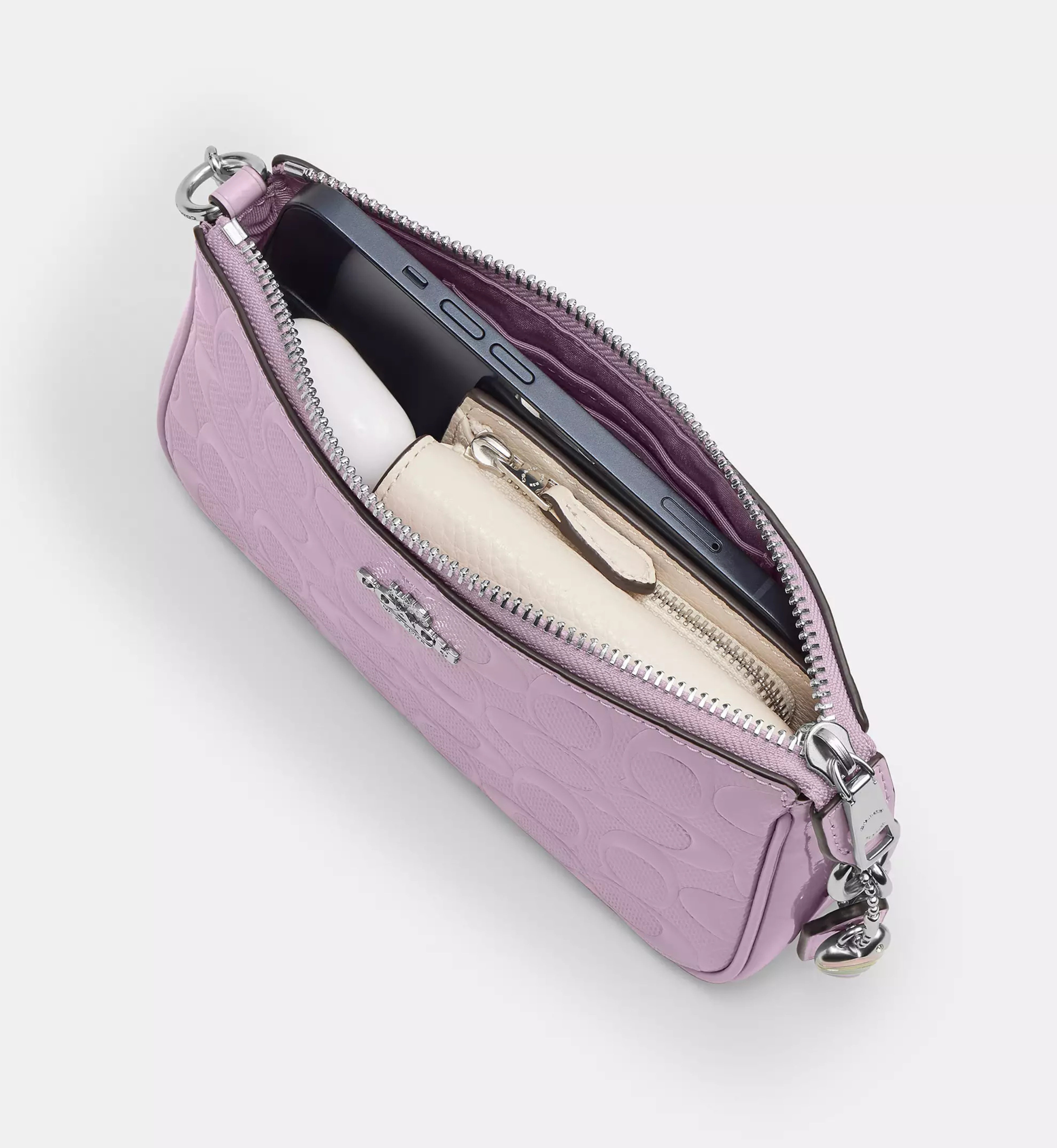 Coach Nolita 19 In Signature Leather With Heart Charm 'Patent Leather Silver Light Violet'