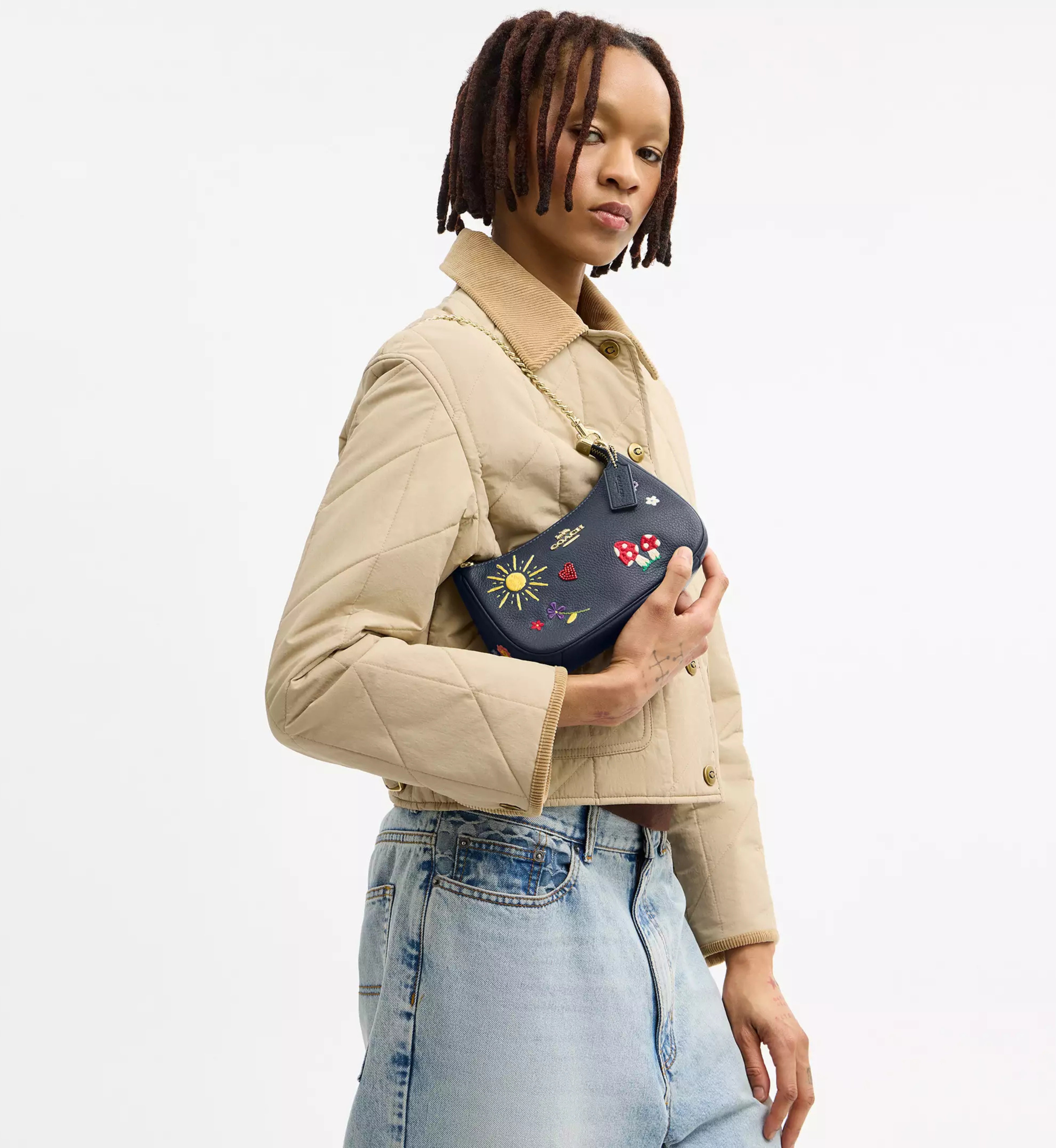 Coach Teri Mini Crossbody Bag With Embroidery 'Pebbled Leather Gold Dark Denim'