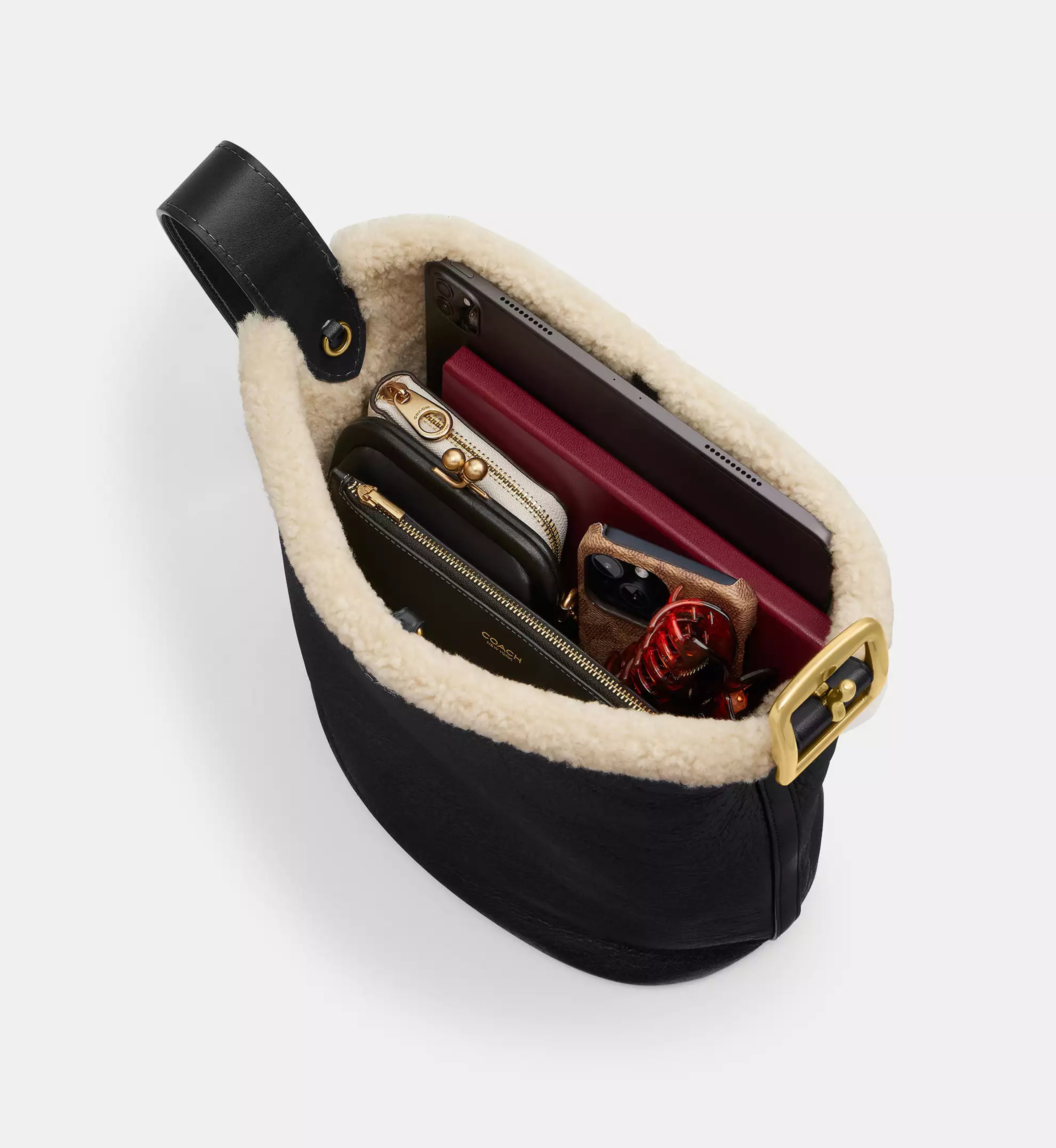 Coach Bleecker Bucket Bag In Shearling 'Shearling Brass Black Natural'