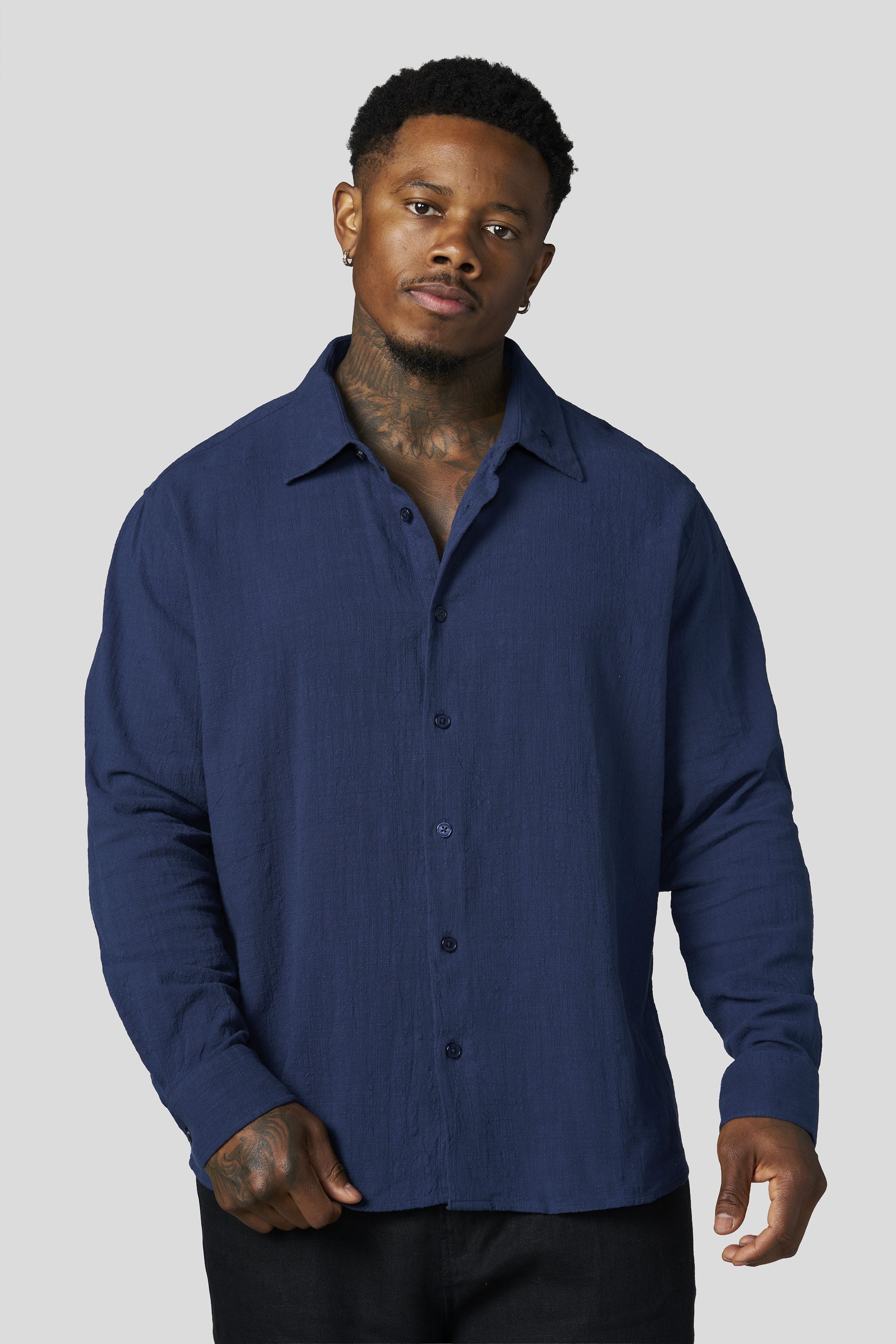 Young La 8095 - Cotton Linen Button-Ups 'Navy'