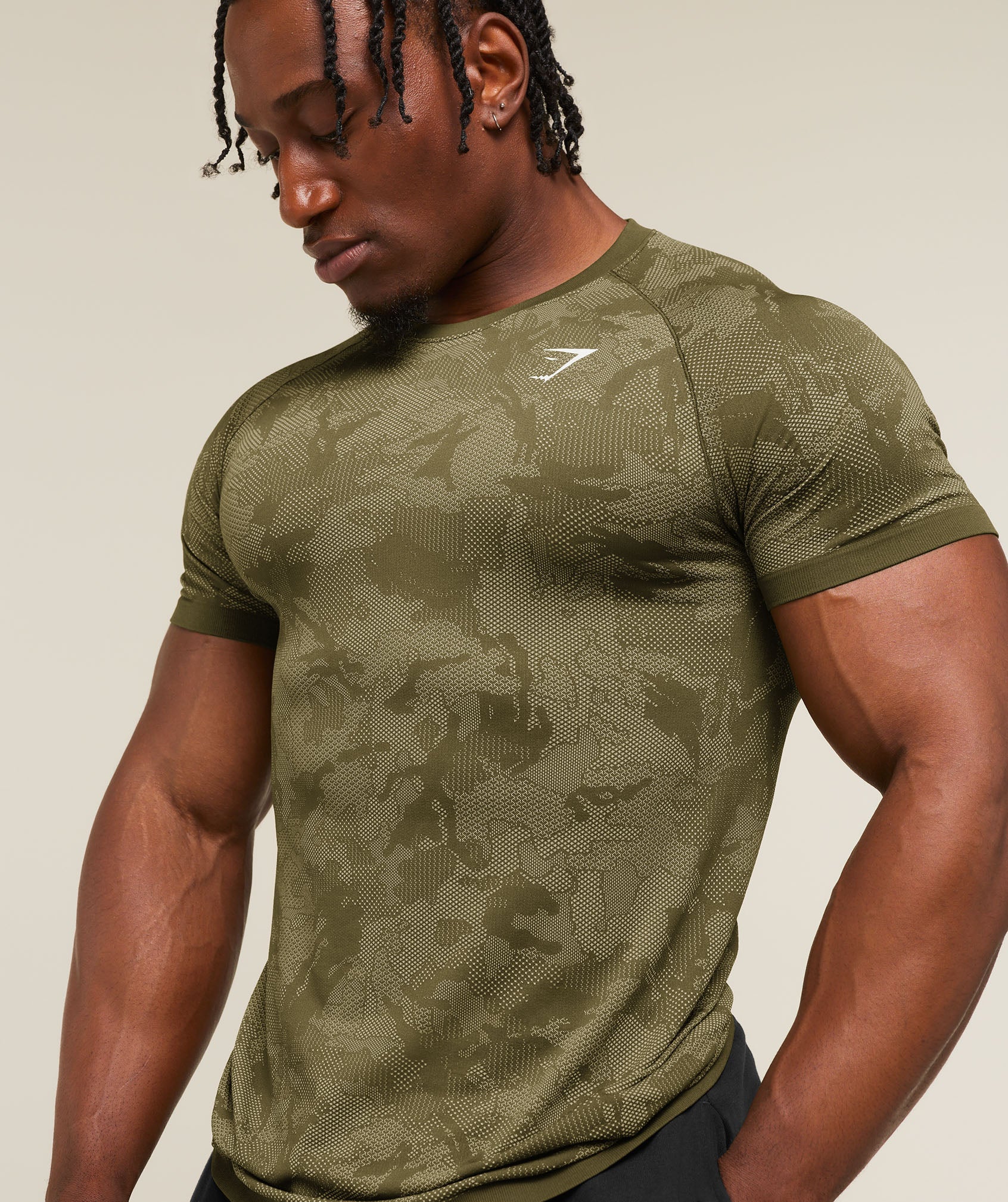 Gymshark Geo Seamless Grid T-Shirt 'Canvas Green Chalk Beige'
