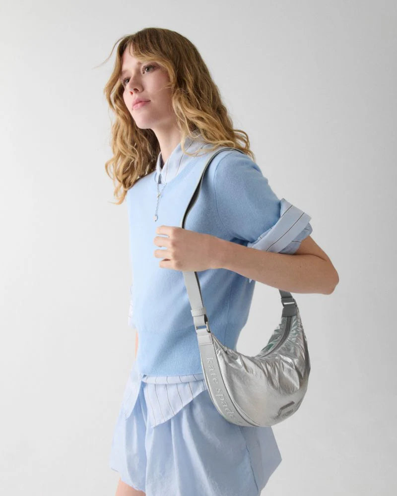 KateSpade Carter Metallic Fabric Sling Bag Silver
