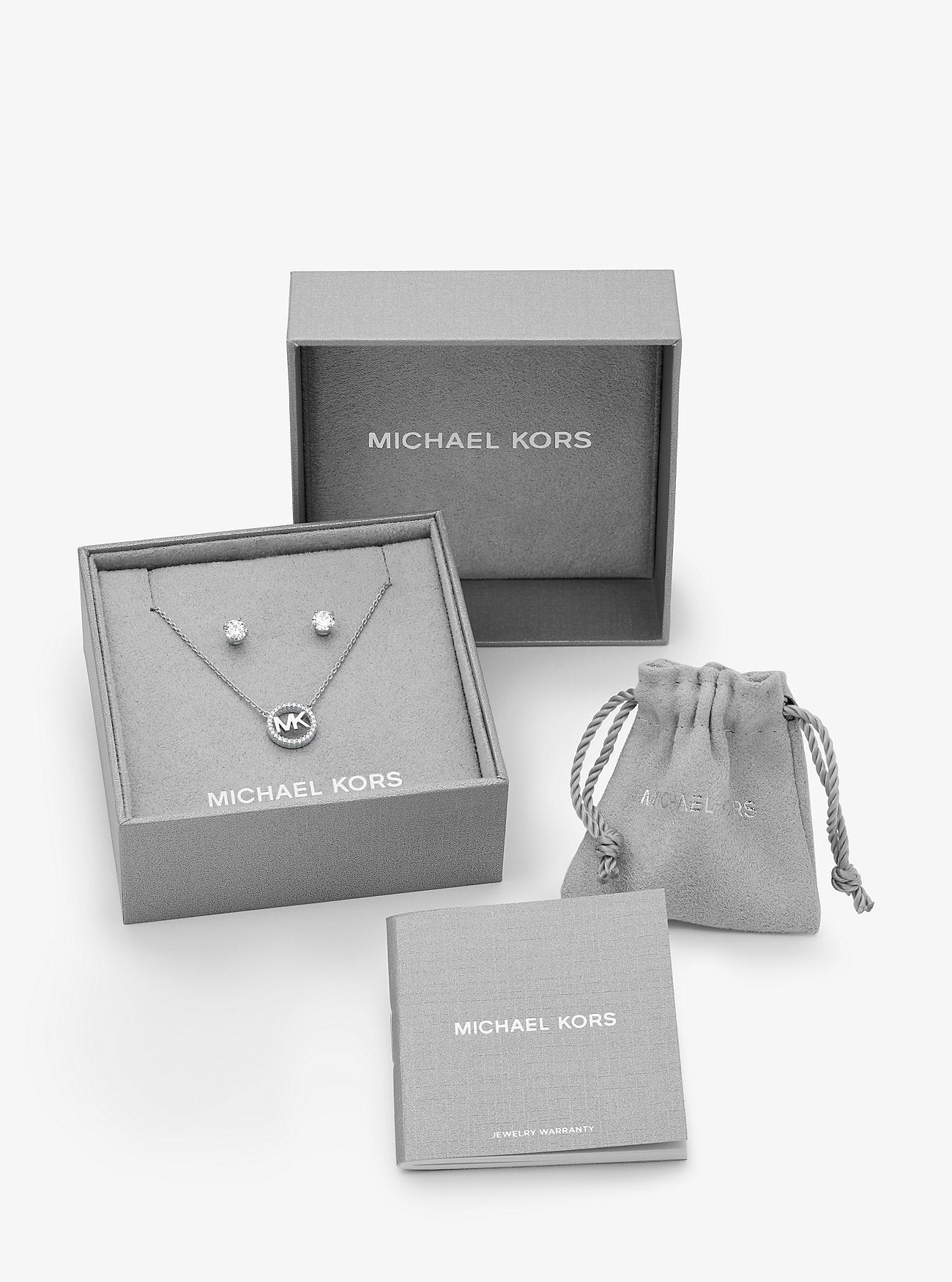 14K Rose Gold-Plated Sterling Silver Pavé Logo Charm Necklace and Stud Earrings Set SILVER