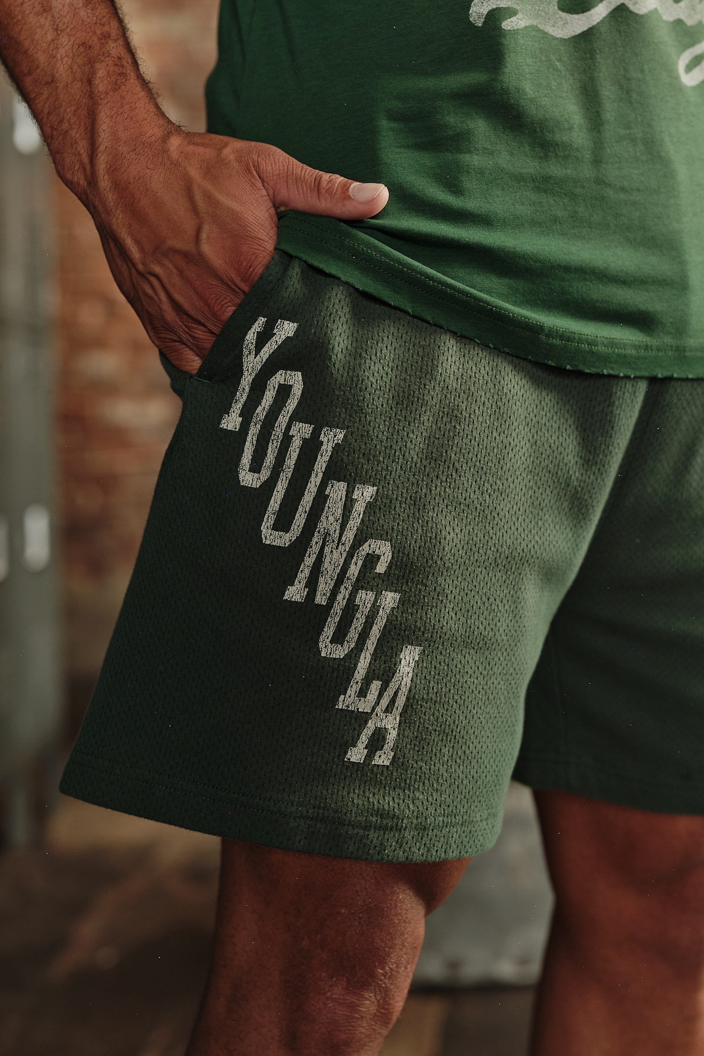 YoungLA 1123 - Golden Era Cotton Mesh Shorts 'Green Wash'