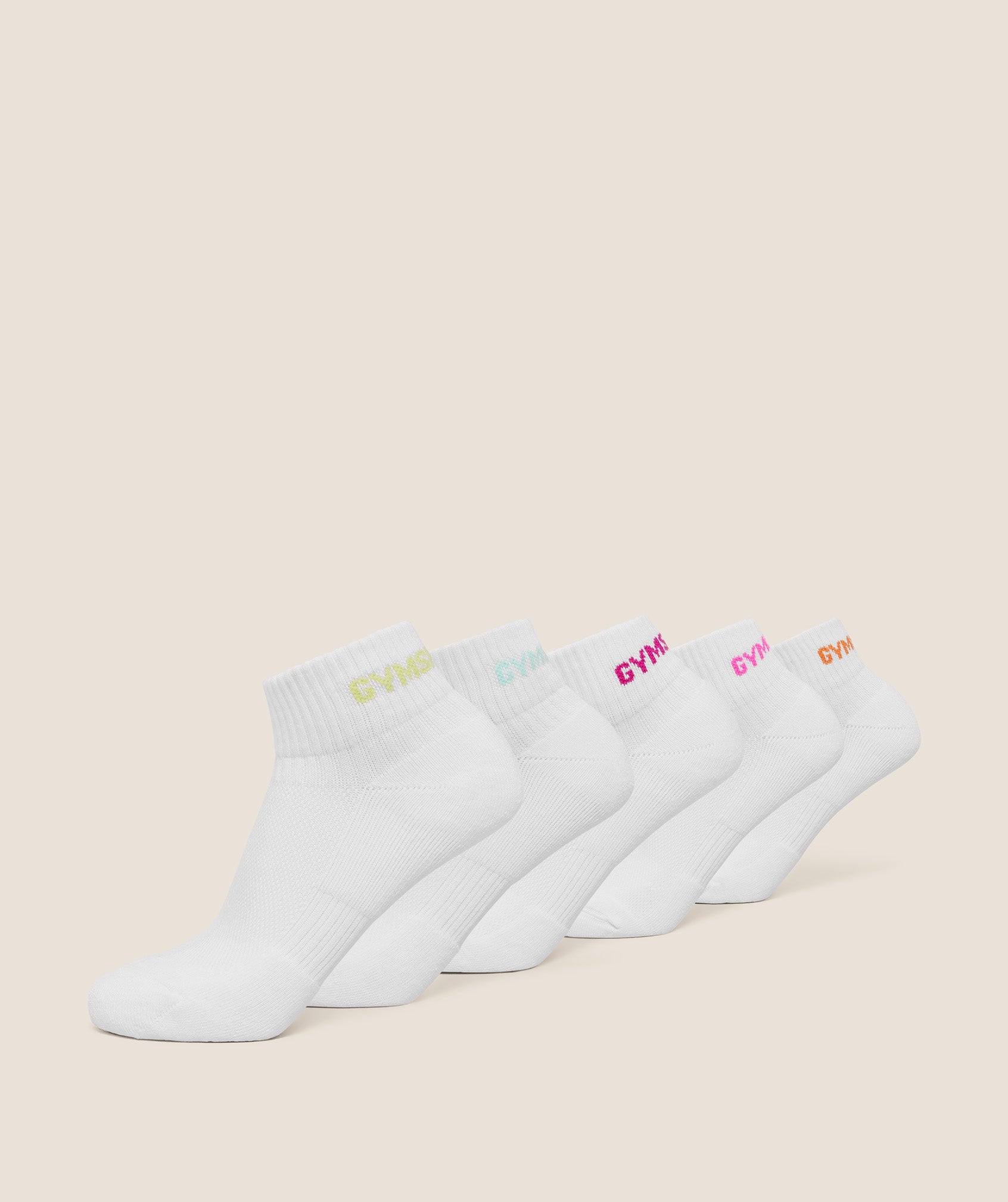 Gymshark Quarter Socks 5pk 'White Sorbet Yellow Pop Turquoise Super-Set Pink Electric Pink Dayglow Peach'