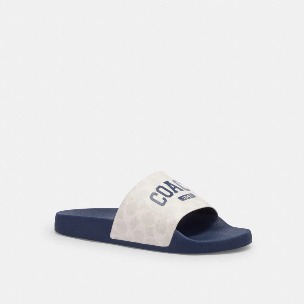 Coach Slide Sandal In Signature Canvas With Varsity Logo Deep Blue Chalk