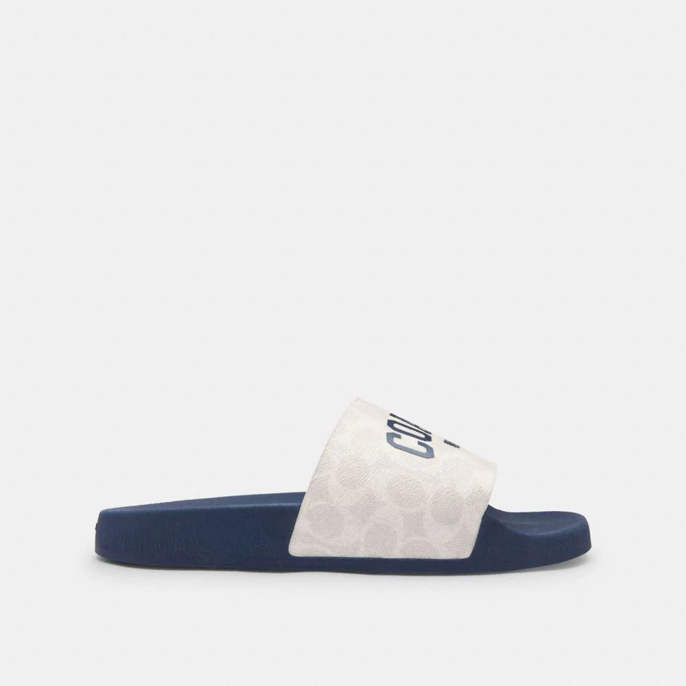 Coach Slide Sandal In Signature Canvas With Varsity Logo Deep Blue Chalk
