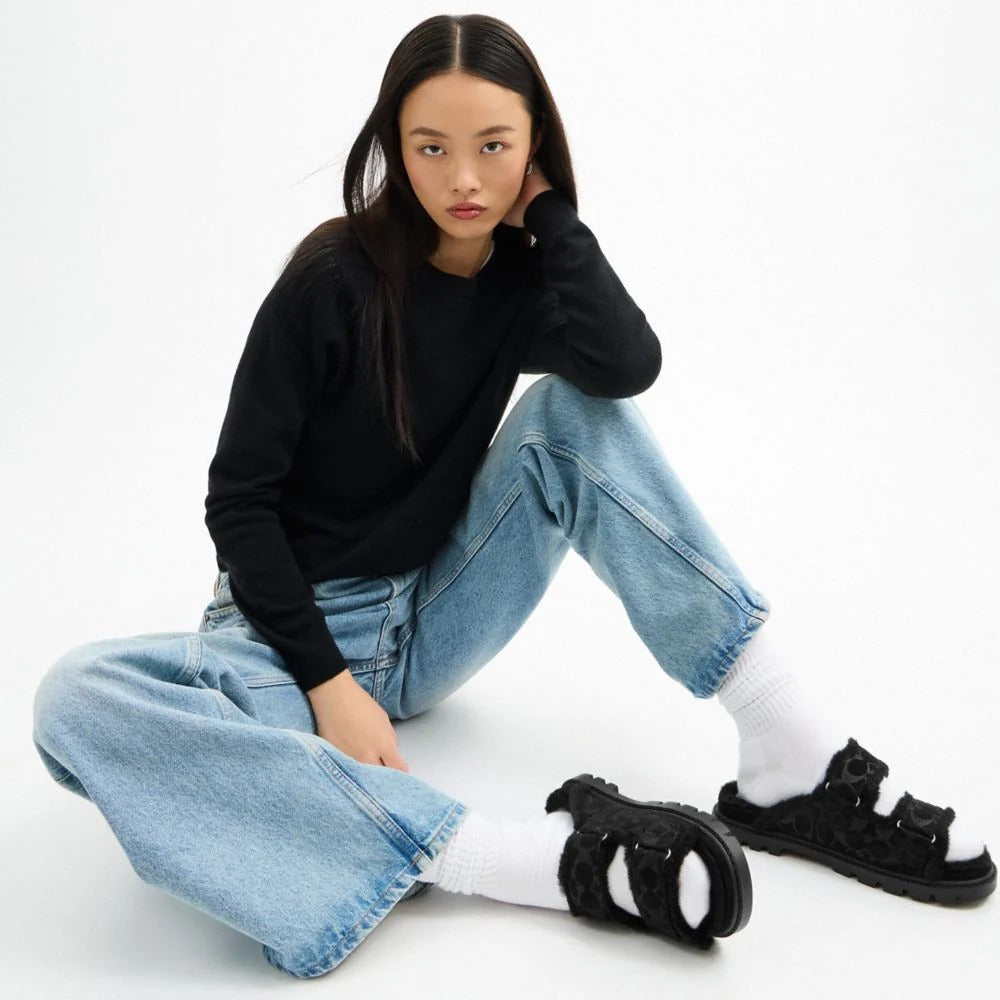 Coach Two Band Sport Slide In Signature Suede Black