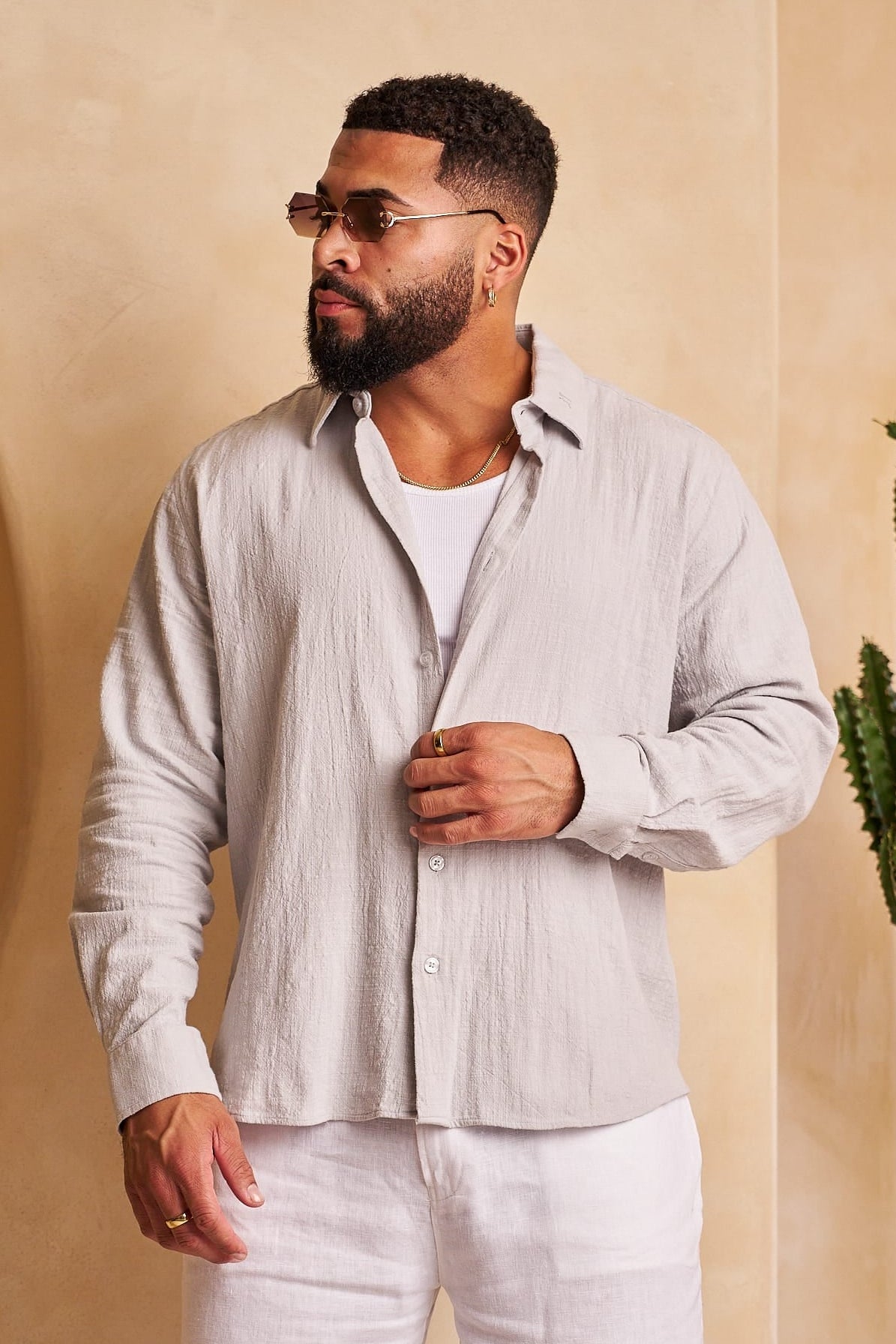 Young La 8095 - Cotton Linen Button-Ups 'Light Grey'