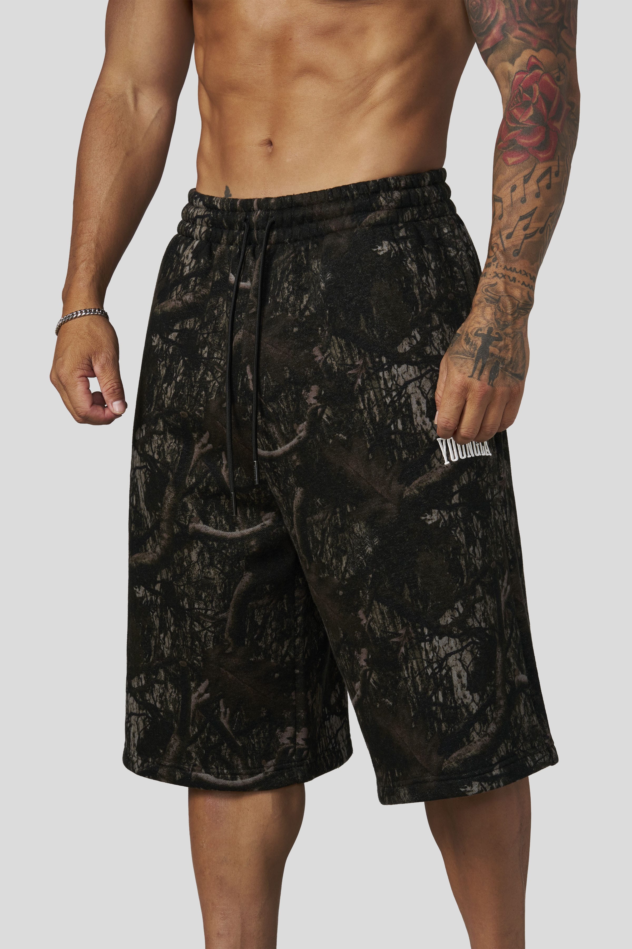 YoungLa 1107 - Extra Long Baggy Shorts 'Dark Tree Camo'
