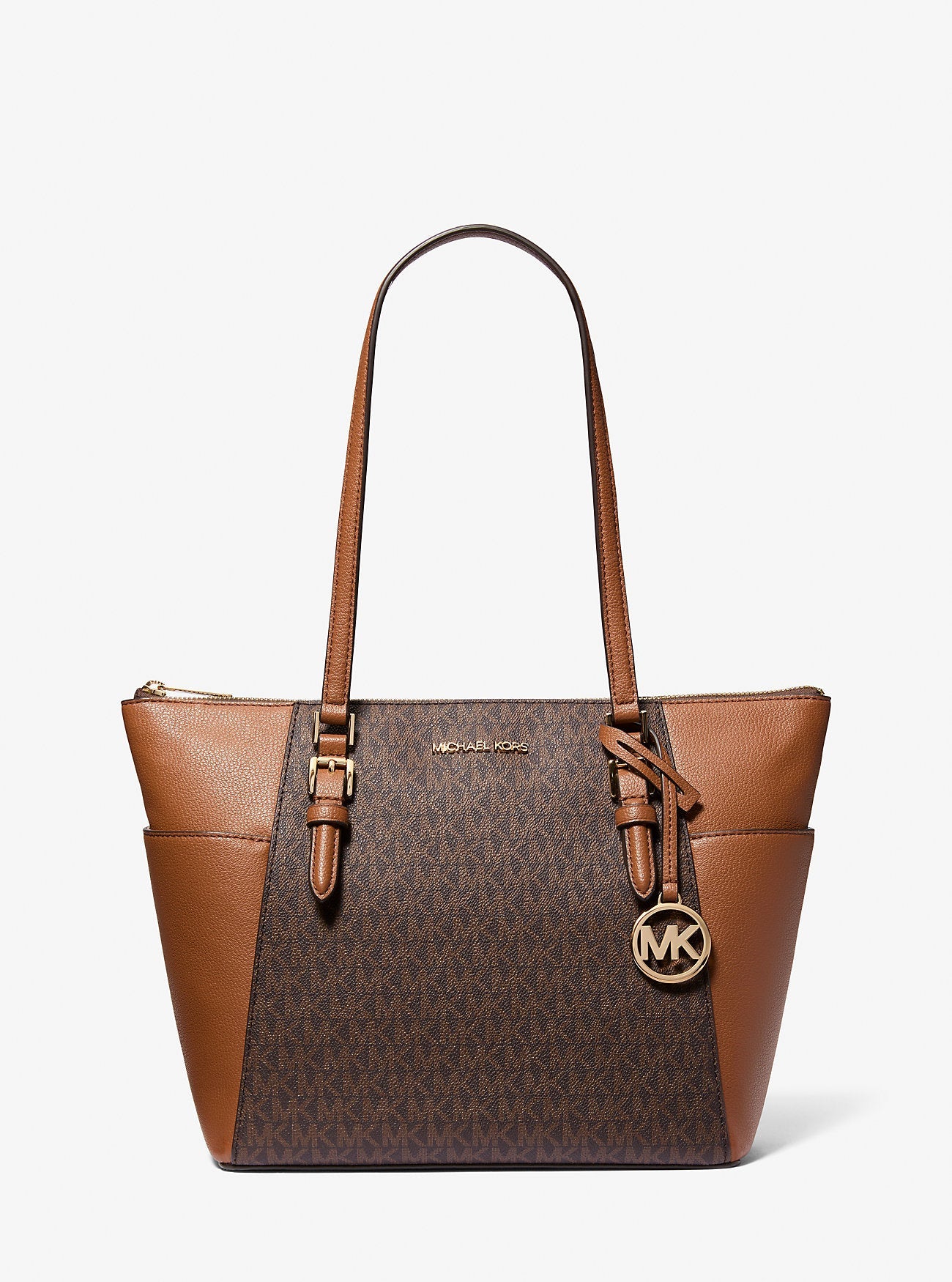 Michael Kors Charlotte Large Logo and Leather Top-Zip Tote Bag Brown