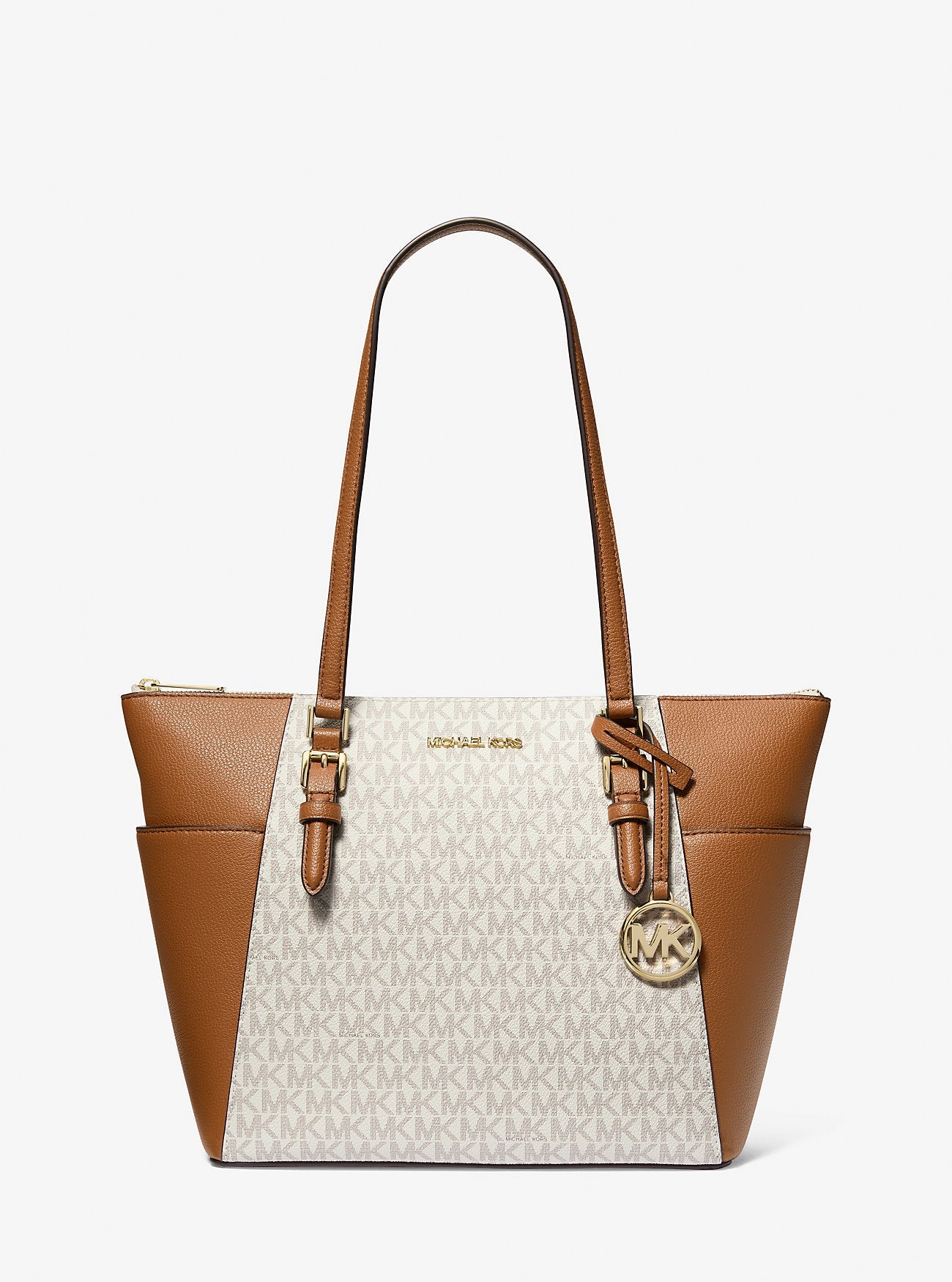 Michael Kors Charlotte Large Logo and Leather Top-Zip Tote Bag Vanilla