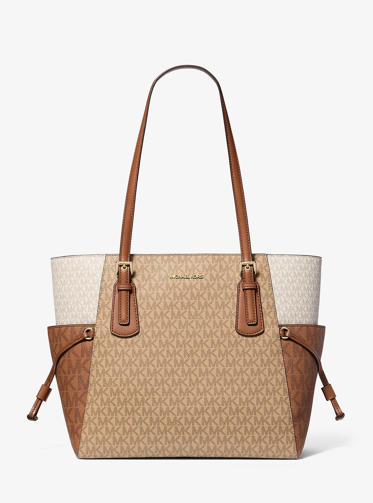 Michael Kors Voyager Large Color-Block Signature Logo Tote Bag Camel Mlt
