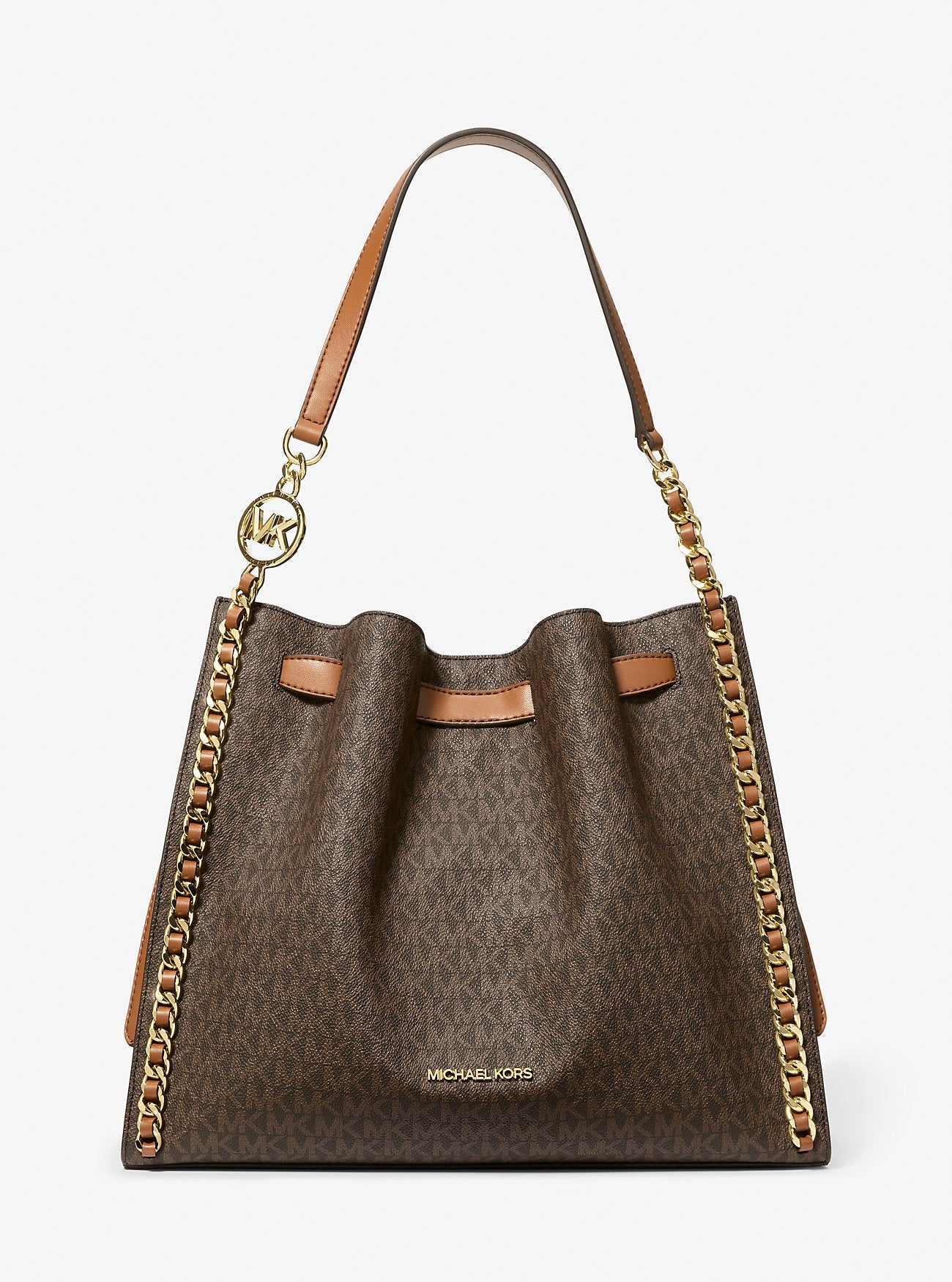 Michael Kors Mina Large Signature Logo Chain Shoulder Bag Brown