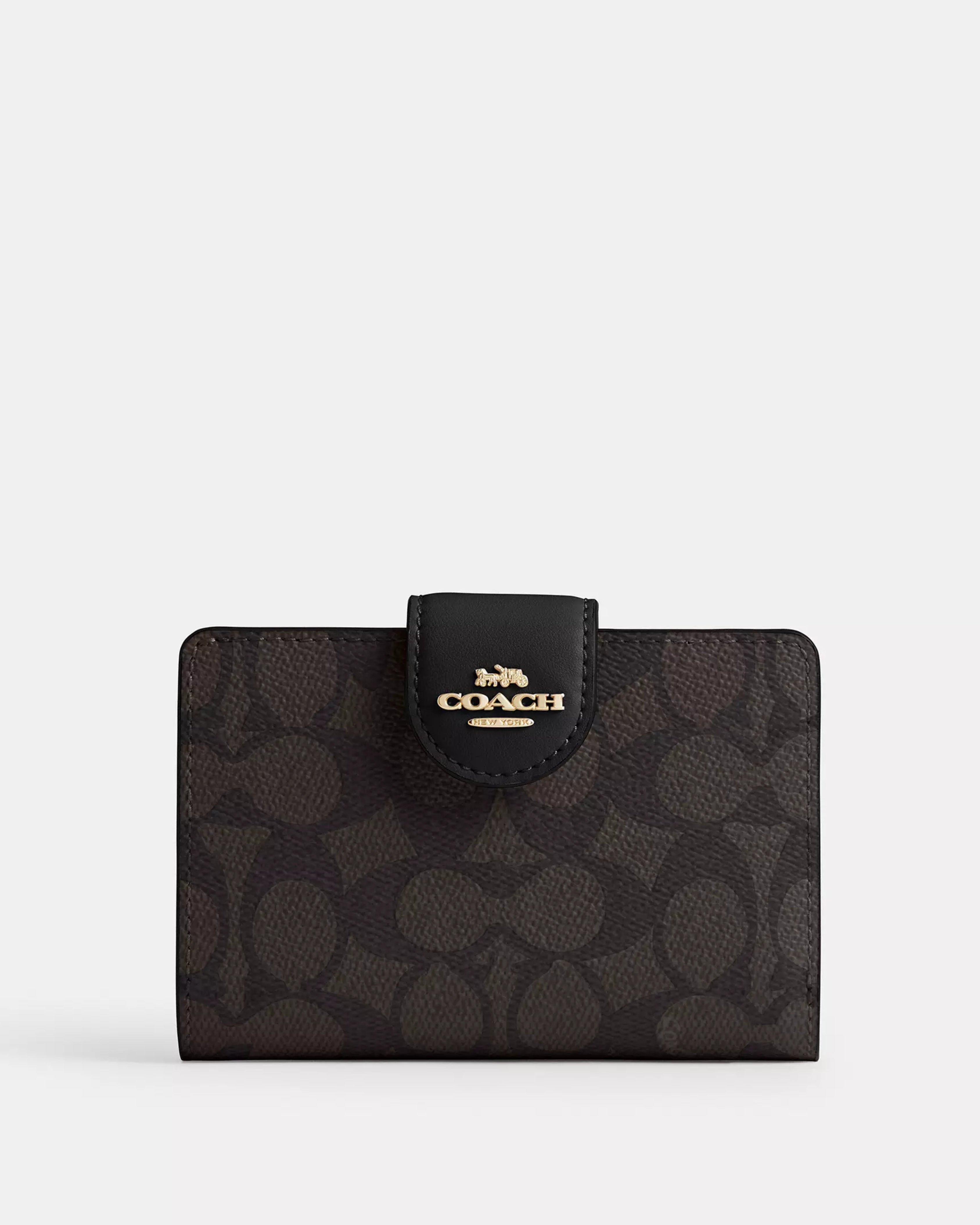 Coach Medium Corner Zip Wallet In Signature Canvas 'Gold Walnut Black'