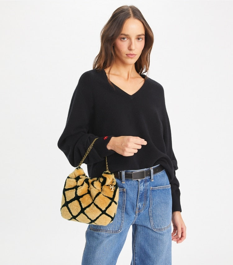 Tory Burch Mini Fleming Shearling Hobo Bag Toffee