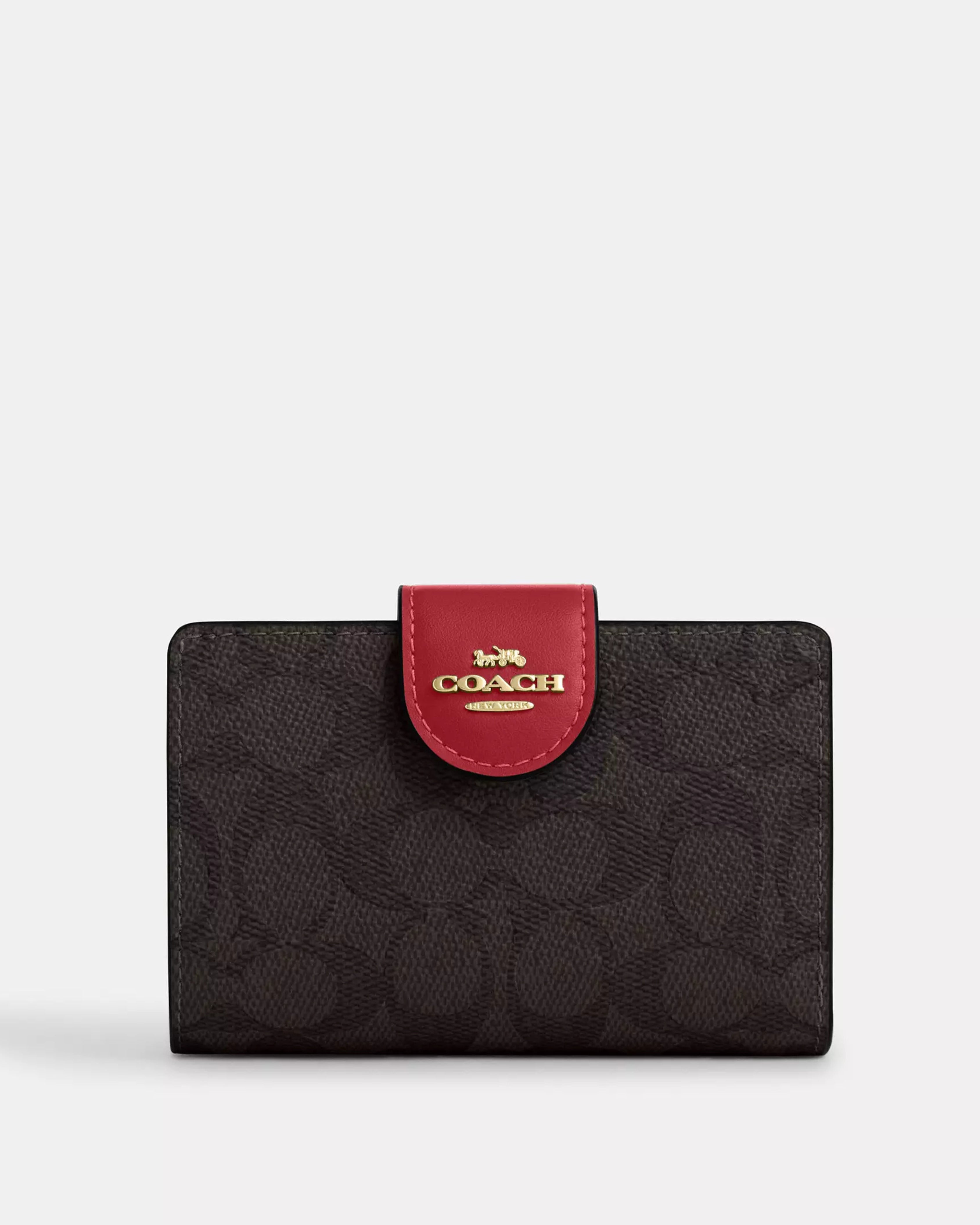 Coach Medium Corner Zip Wallet In Signature Canvas 'Gold Walnut True Red'
