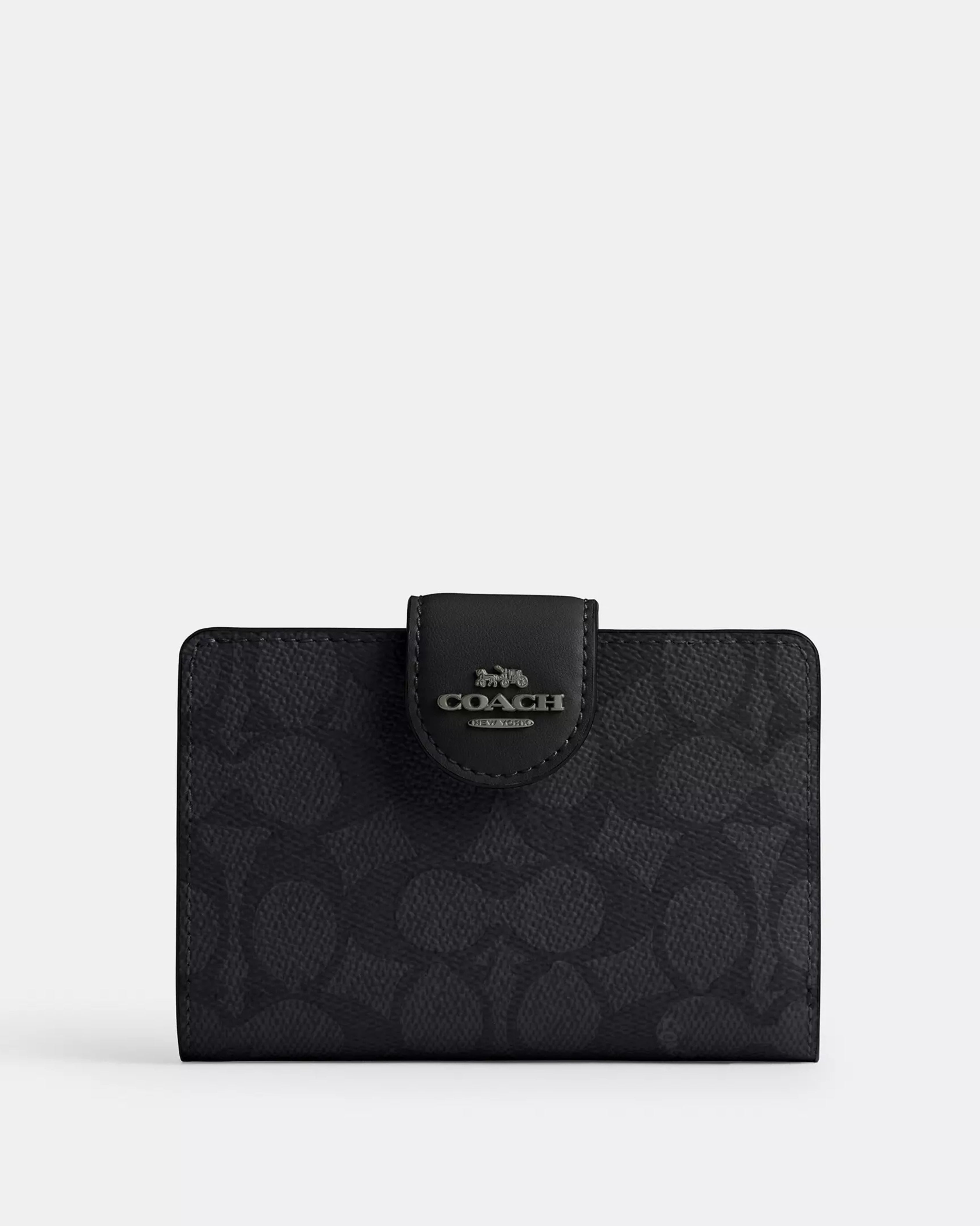 Coach Medium Corner Zip Wallet In Signature Canvas 'Gunmetal Charcoal Black'