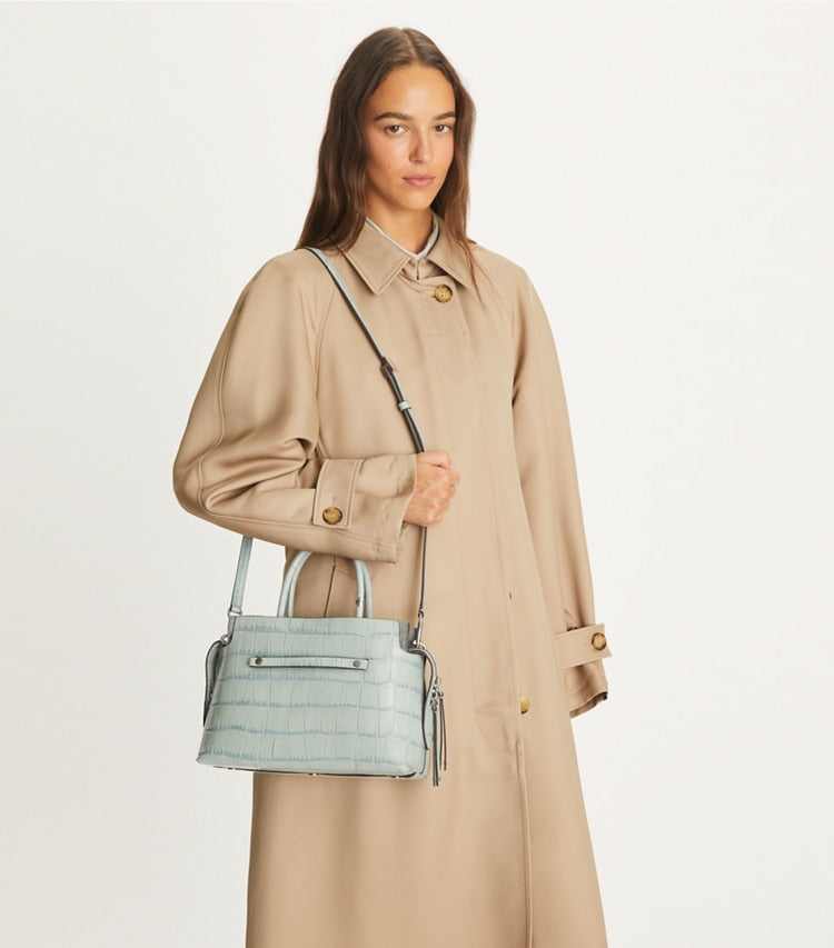 Tory Burch Mercer Croc-Embossed Satchel Blue Celadon