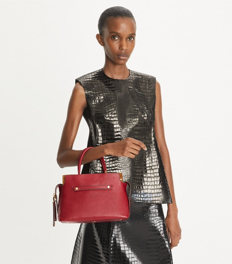 Tory Burch Mercer Textured Satchel Ruby