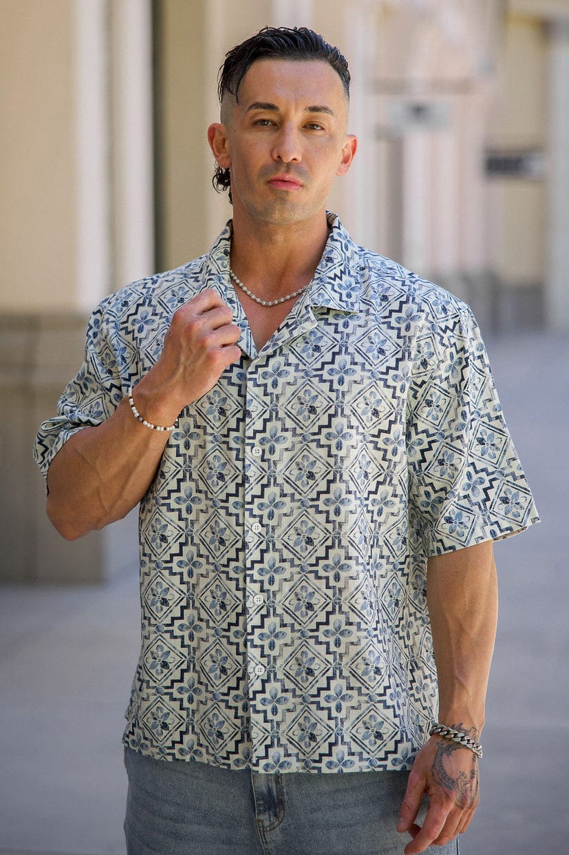YoungLA 4093 - Mosaic Linen Button-Ups 'Cream Mosaic'