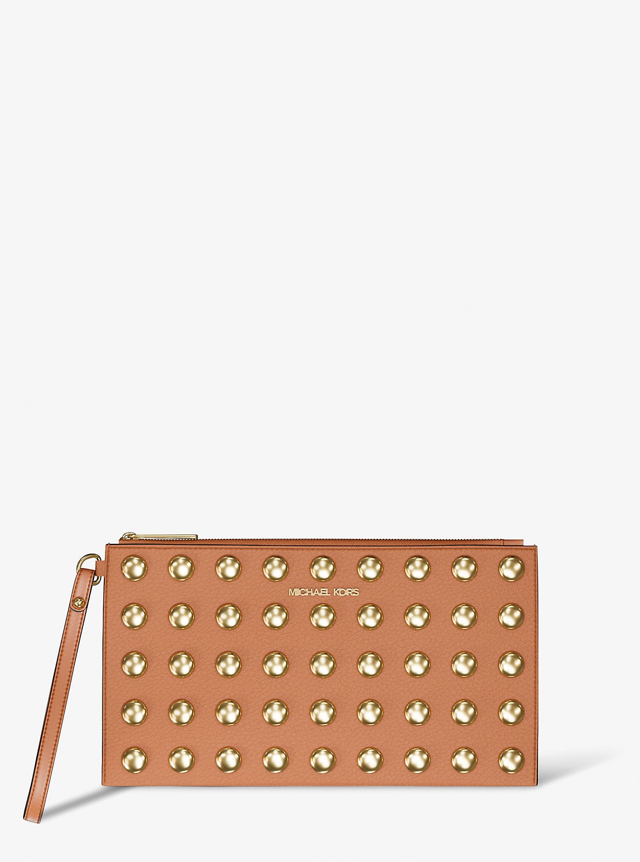 Jet Set Large Studded Pebbled Leather Wristlet LUGGAGE