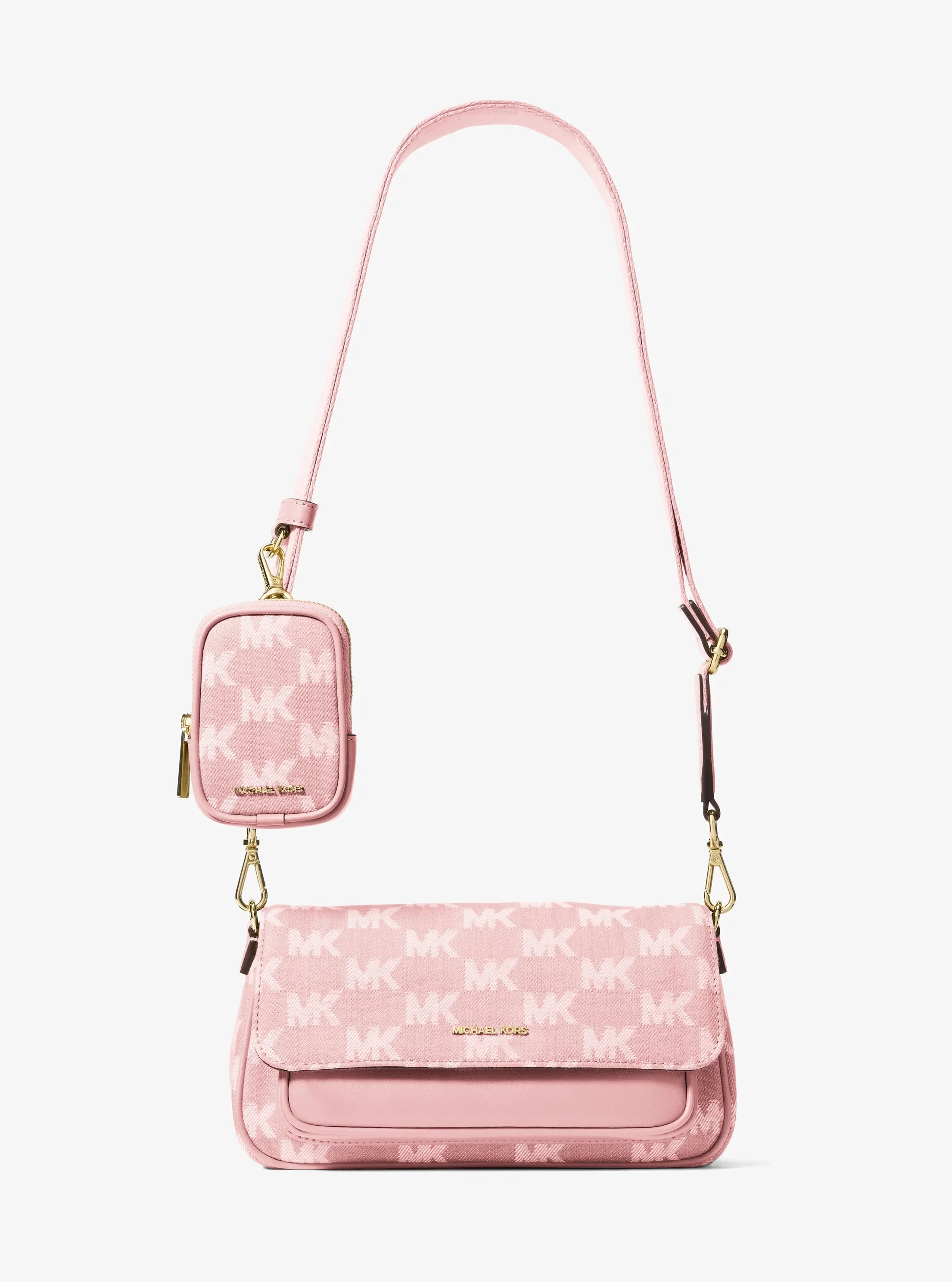 Michael Kors Jet Set Travel Small Logo Jacquard Denim Crossbody Bag With Pouch 'Powder Blush'