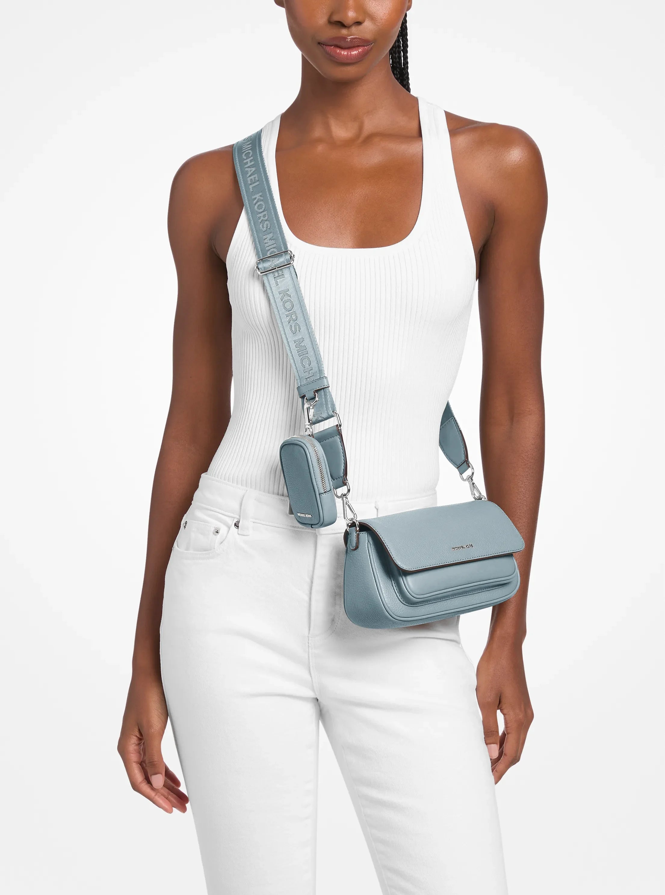Michael Kors Jet Set Travel Small Pebbled Leather Crossbody Bag With Pouch 'Pale Ocean'