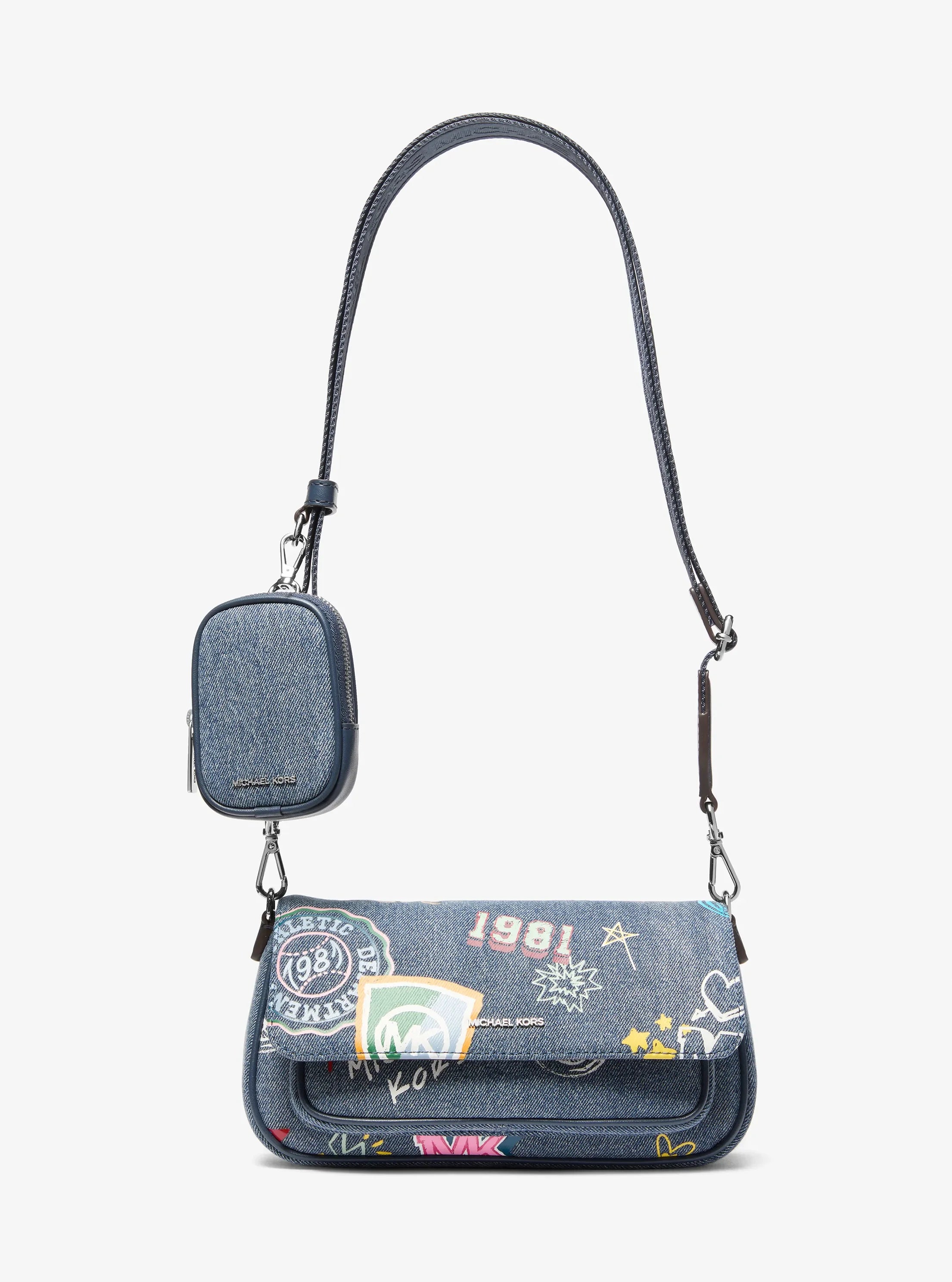 Michael Kors Jet Set Travel Small Embellished Denim Crossbody Bag With Pouch 'Washed Denim'