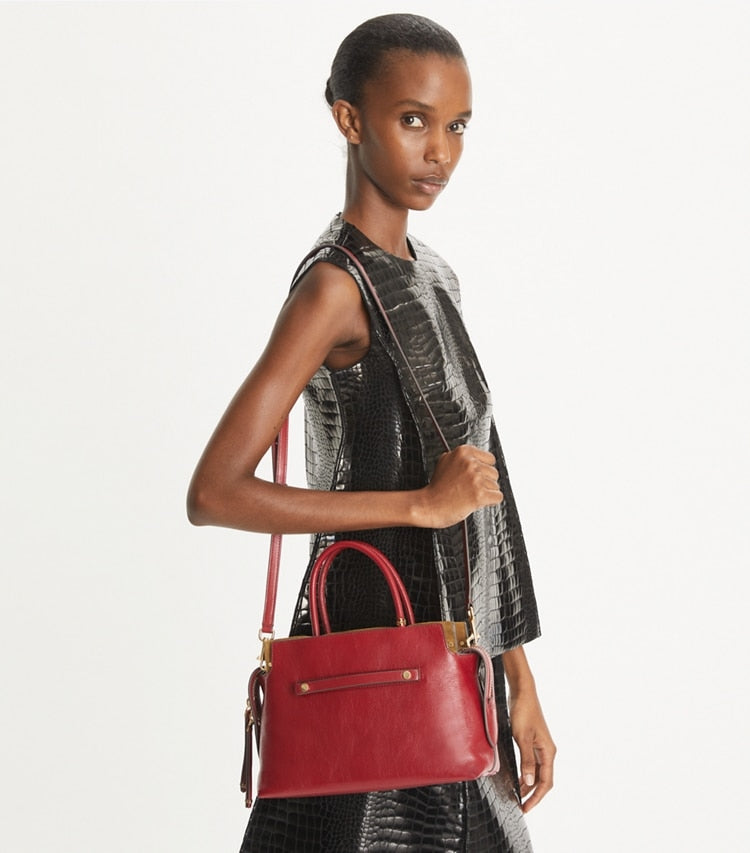 Tory Burch Mercer Textured Satchel Ruby