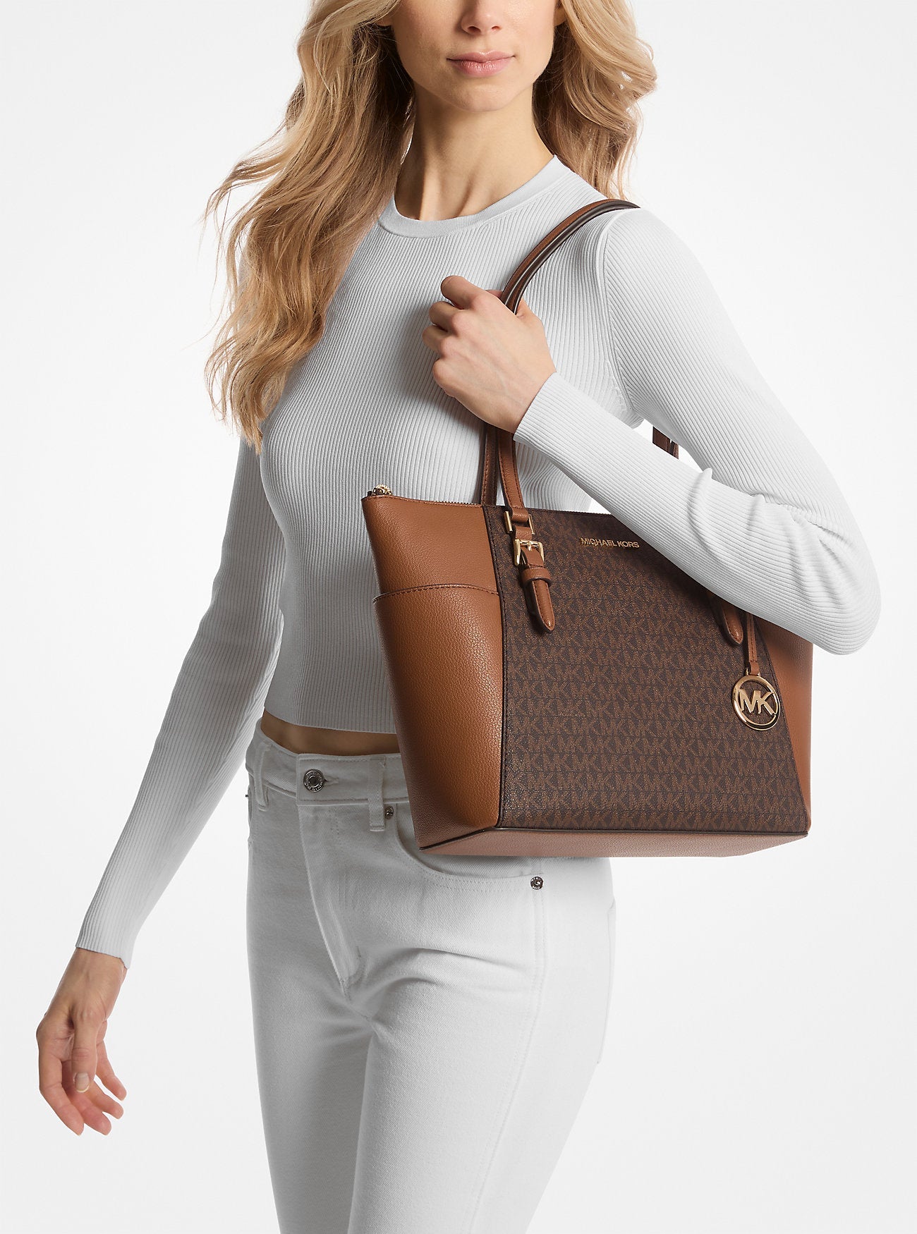 Michael Kors Charlotte Large Logo and Leather Top-Zip Tote Bag Brown