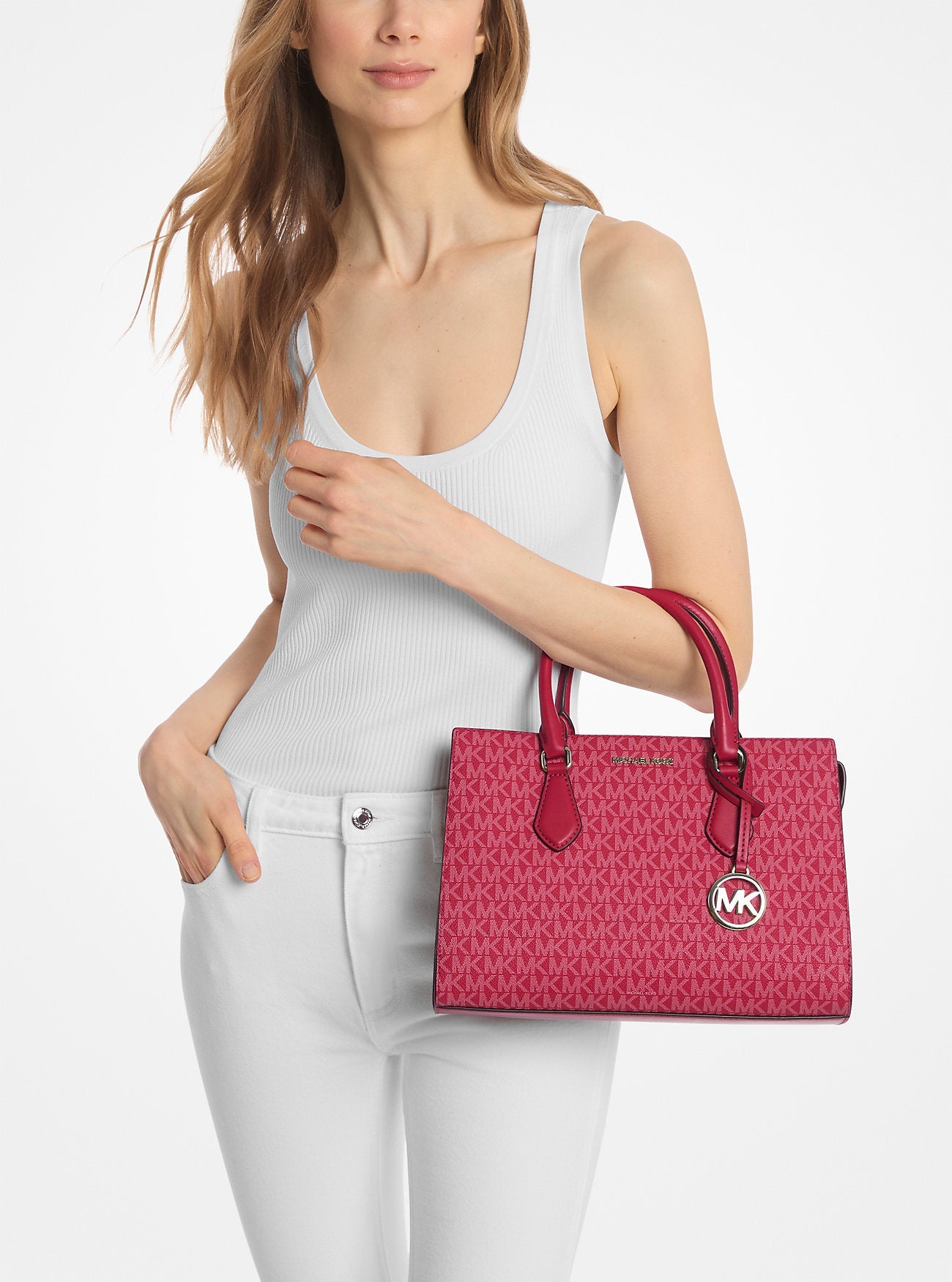 Michael Kors Sheila Medium Signature Logo Satchel Dk Raspberry